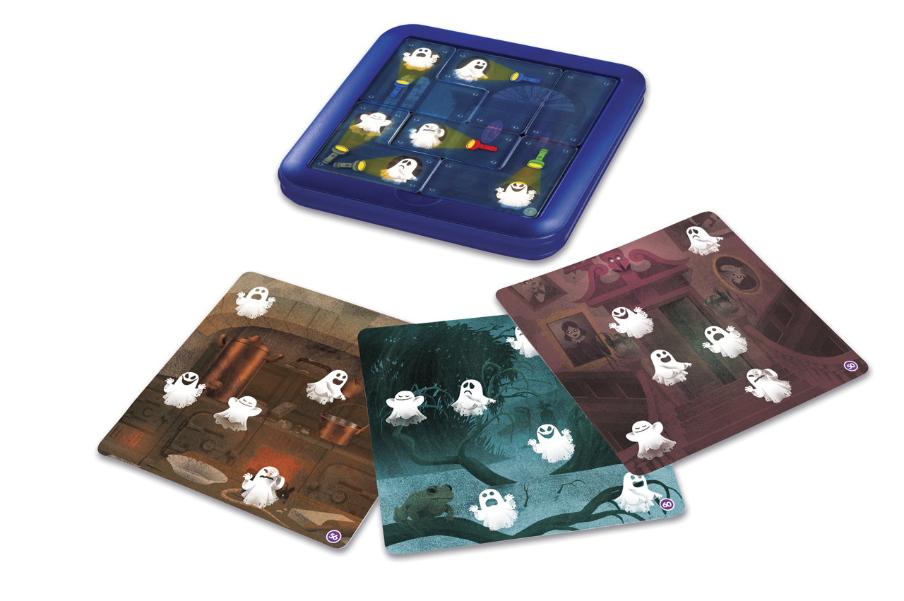 Ein blaues Puzzlespiel mit Geistermotiven und drei dazugehörigen Karten mit verschiedenen Szenen.