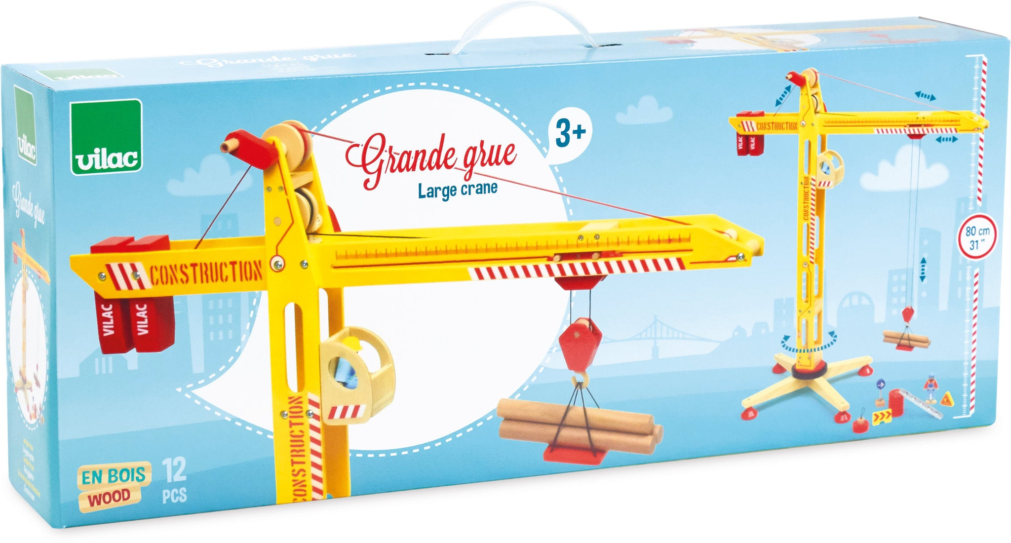 Blaue Schachtel eines großen Vilac Holzbaukrans mit Abbildungen des gelben Krans und Holzstämmen.