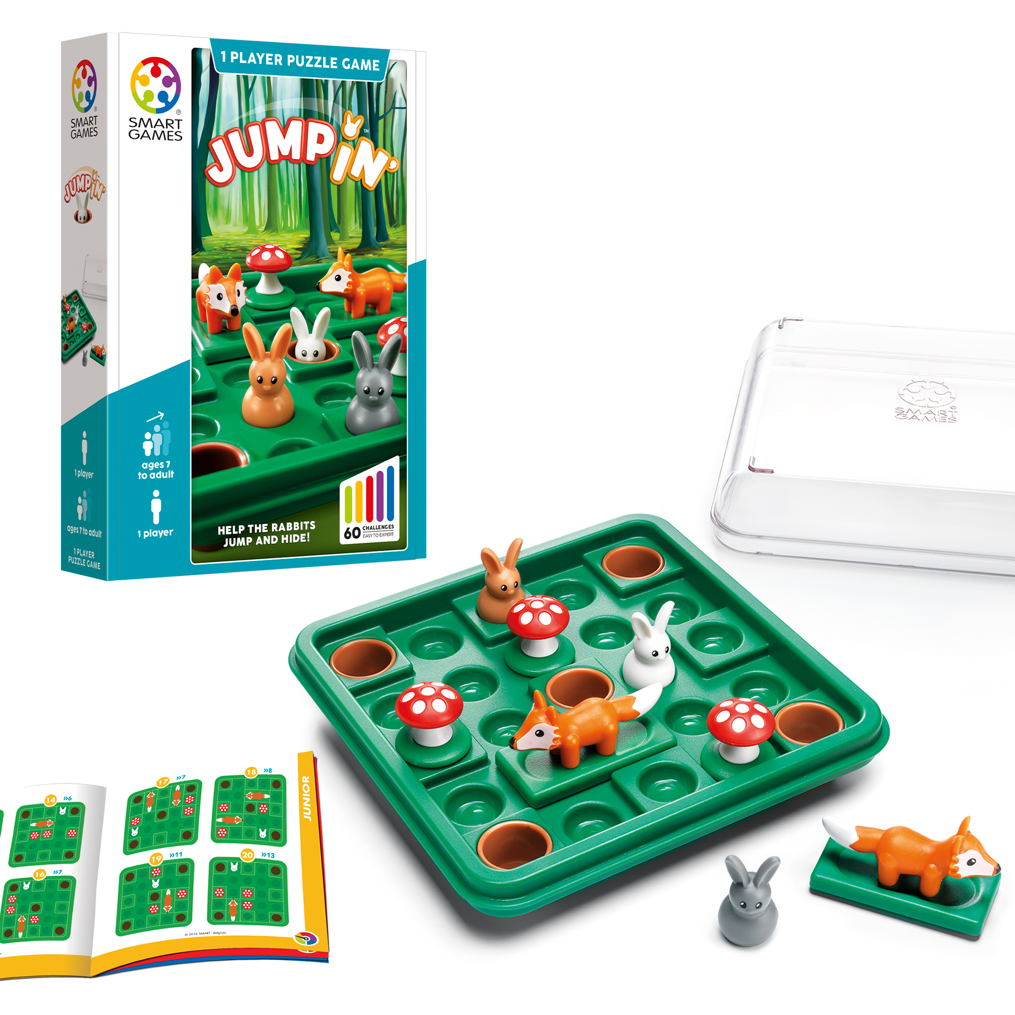 Jump'in Spiel von SmartGames mit grünem Brett, Hasen-, Fuchs- und Pilzfiguren, Box, Klarsichtdeckel und Lösungsheft.