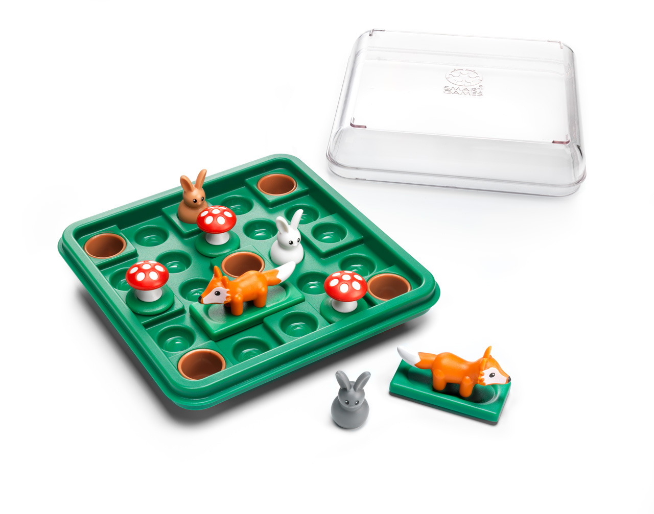 Ein grünes Brettspiel mit Kunststoff-Spielfiguren wie Hasen, einem Fuchs und Pilzen sowie einem klaren Deckel.