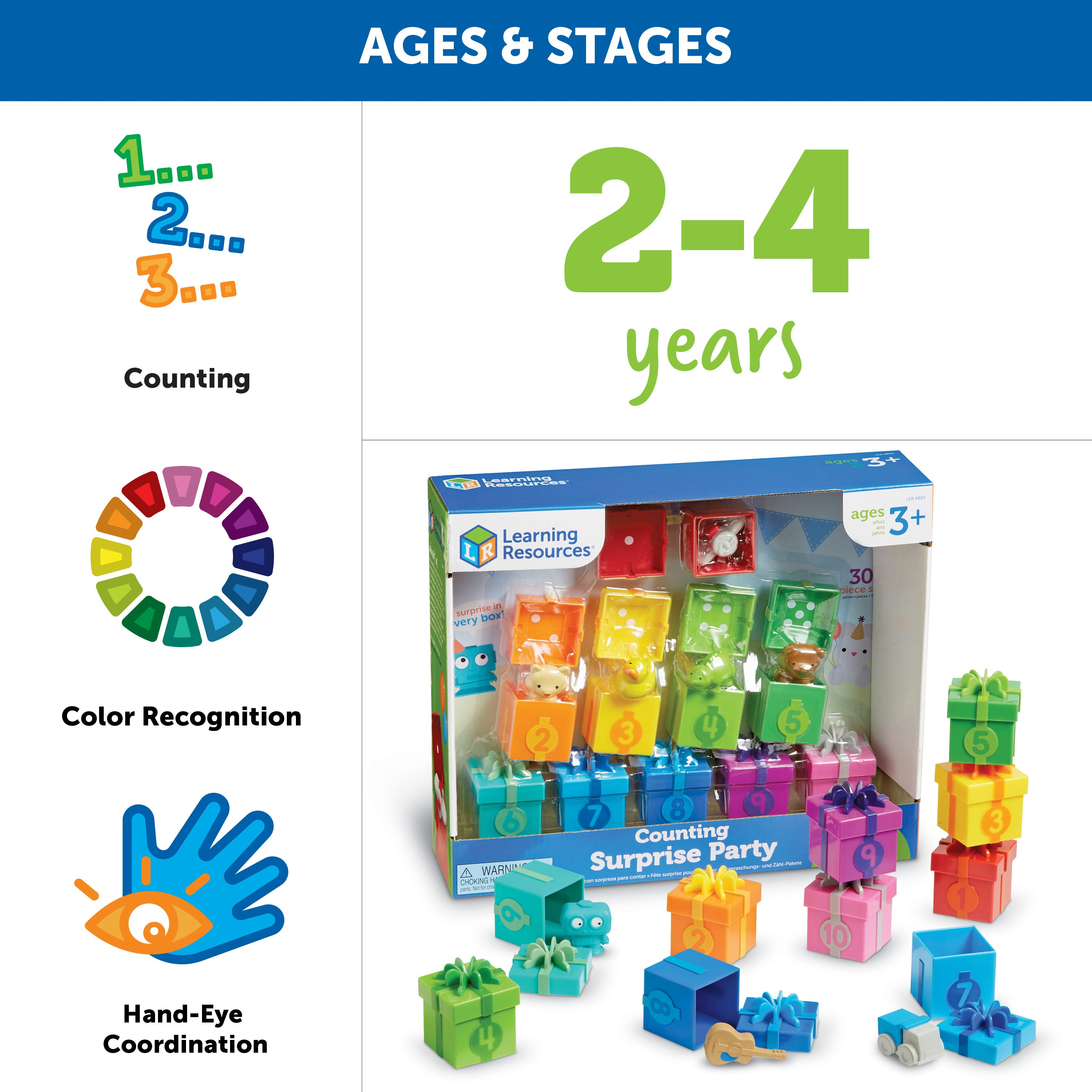 Lernspielzeug Counting Surprise Party für Kinder von 2-4 Jahren mit bunten Schachteln und Zahlen.