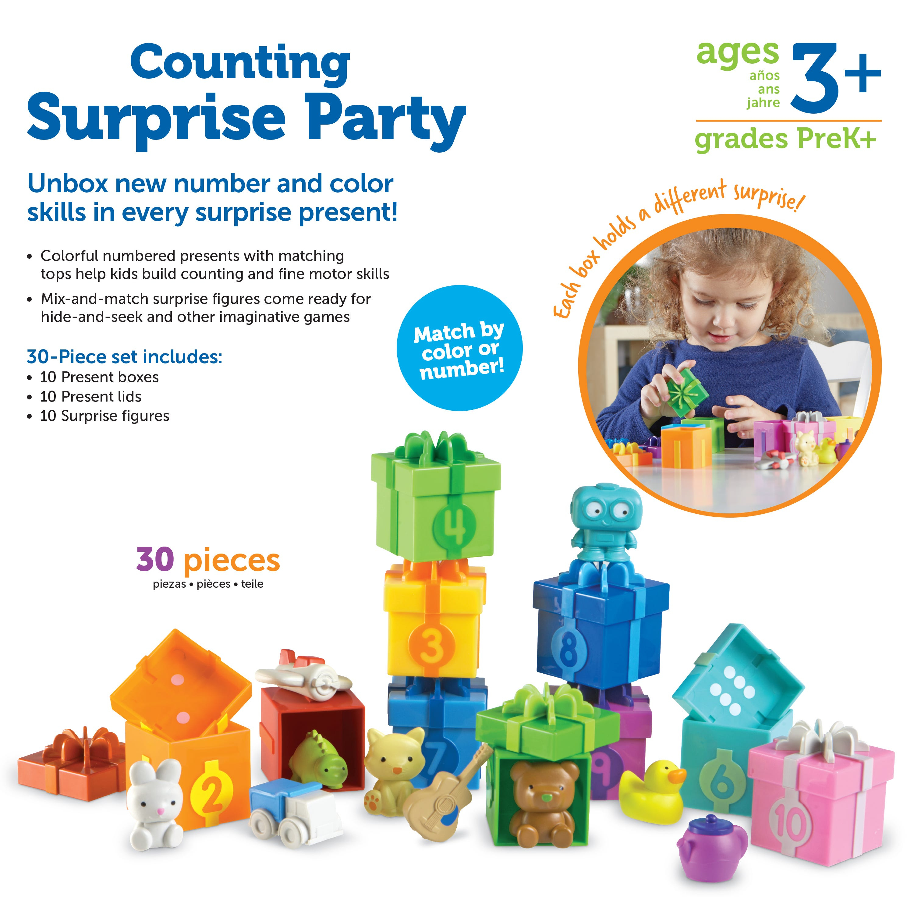 Bunte nummerierte Geschenkboxen mit Spielzeugfiguren für Kinder ab 3 Jahren.