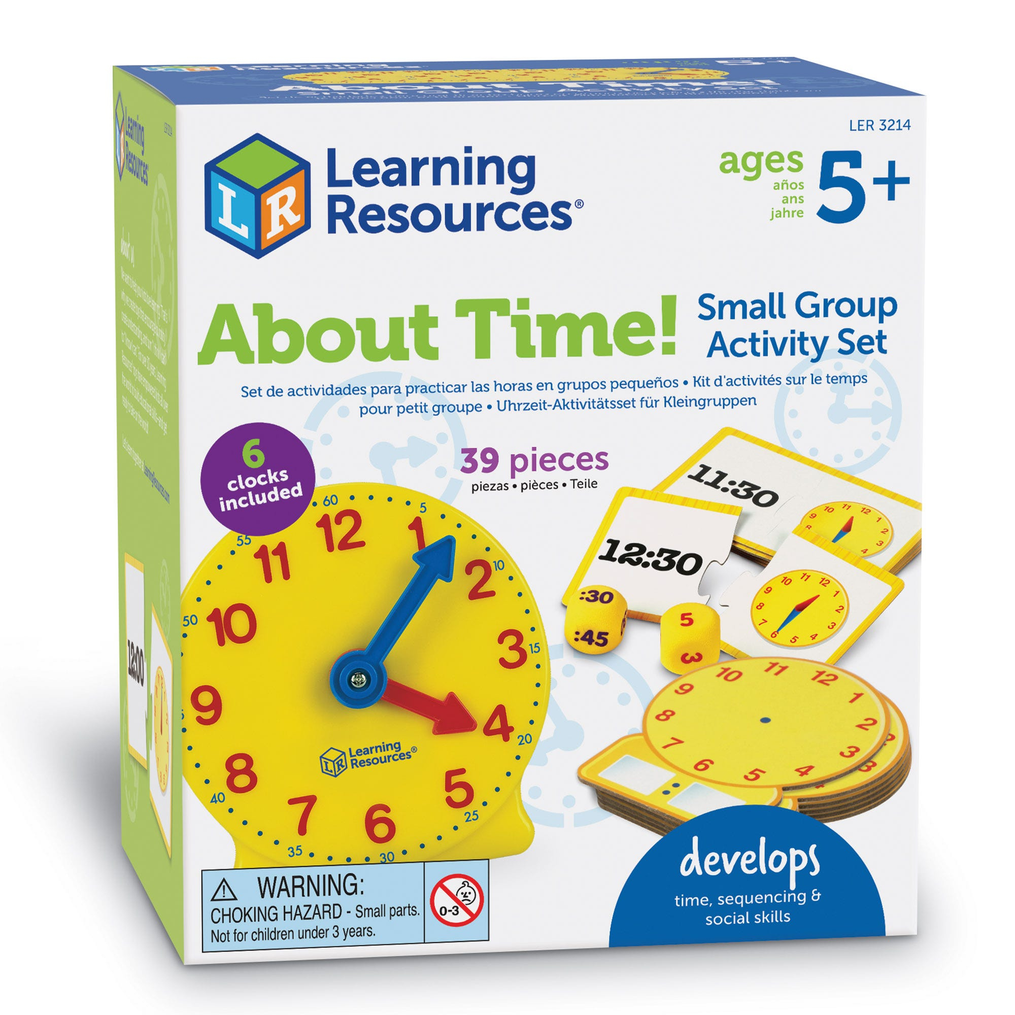 Spielverpackung von Learning Resources 'About Time!' für Kinder ab 5 Jahren, mit Lernuhren und Karten.