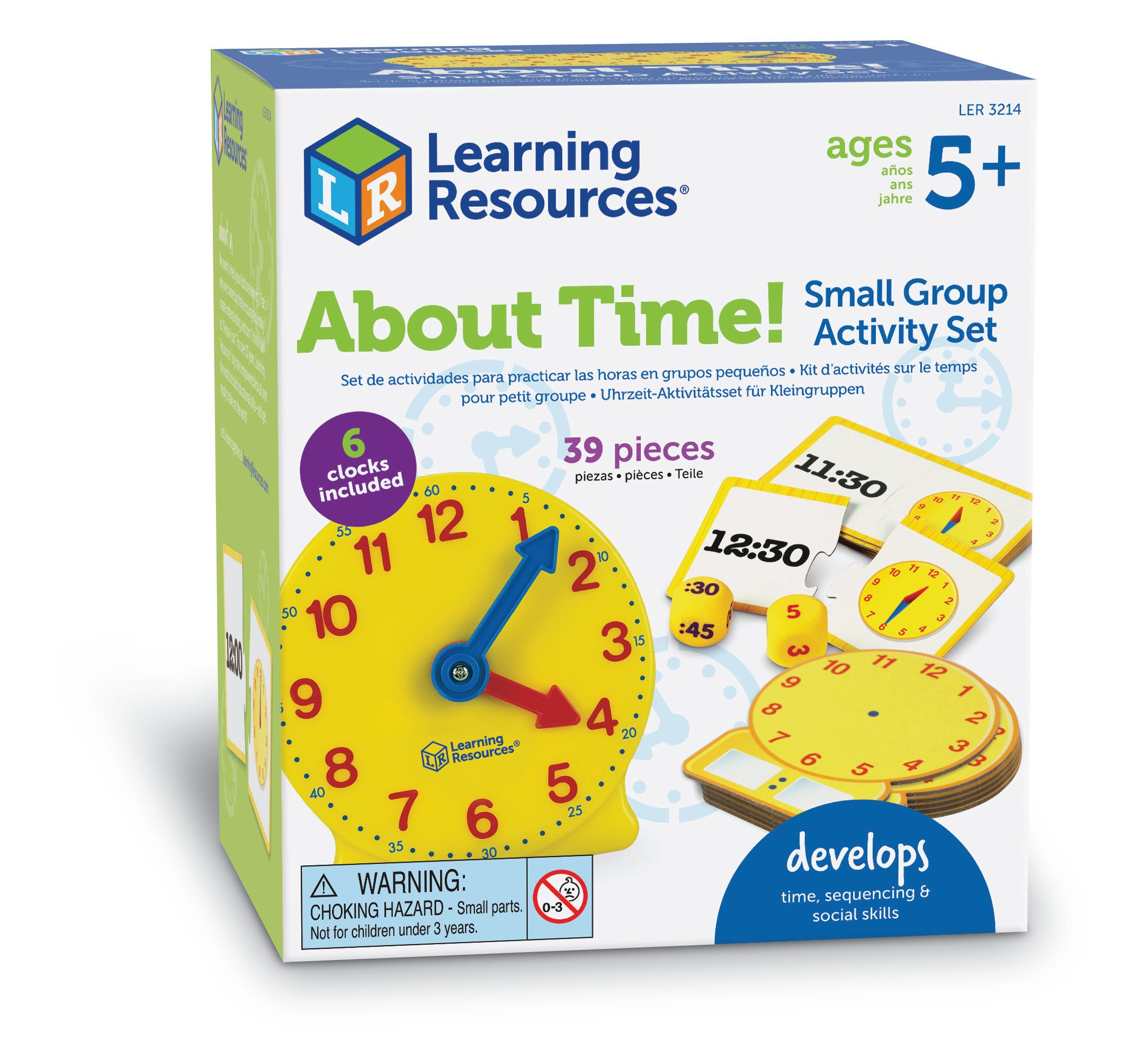 Spielverpackung von Learning Resources 'About Time!' mit gelber Lernuhr und Teilen für Kinder ab 5 Jahren.
