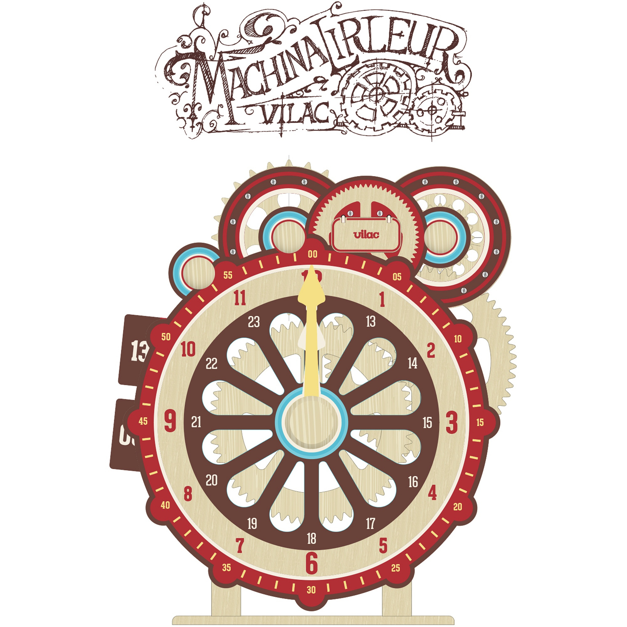 Ein hölzernes steampunkartiges Spielzeug mit Zahnrädern, Zifferblättern und der Aufschrift Machinaurleur Vilac.