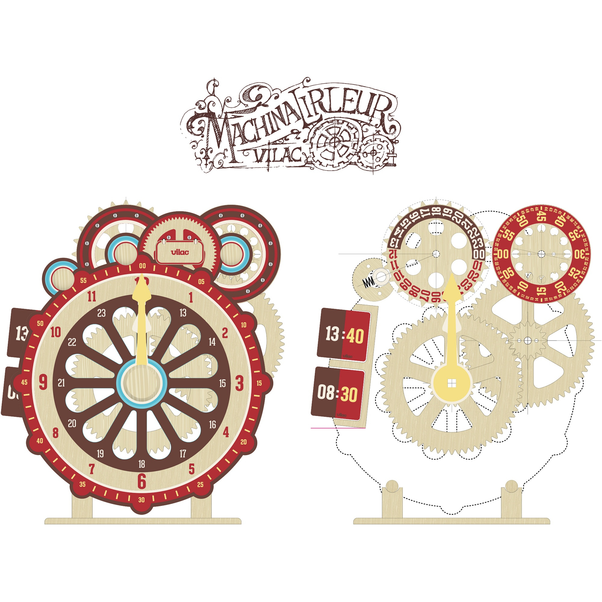 Holzspielzeug-Uhr von Vilac mit Zahnrädern und farbigen Zifferblättern.