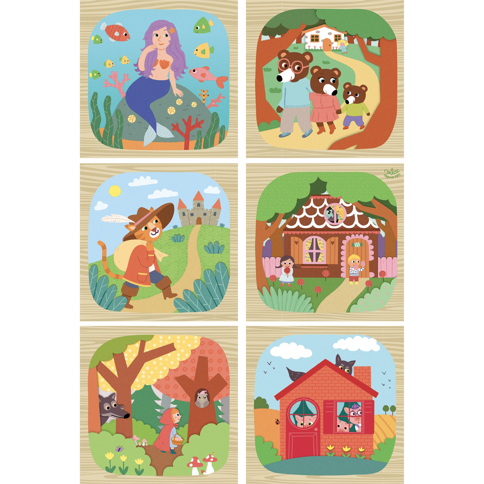 Sechs bunte Illustrationen bekannter Märchen in Holzoptik mit Figuren wie einer Meerjungfrau, Tieren und Häusern.