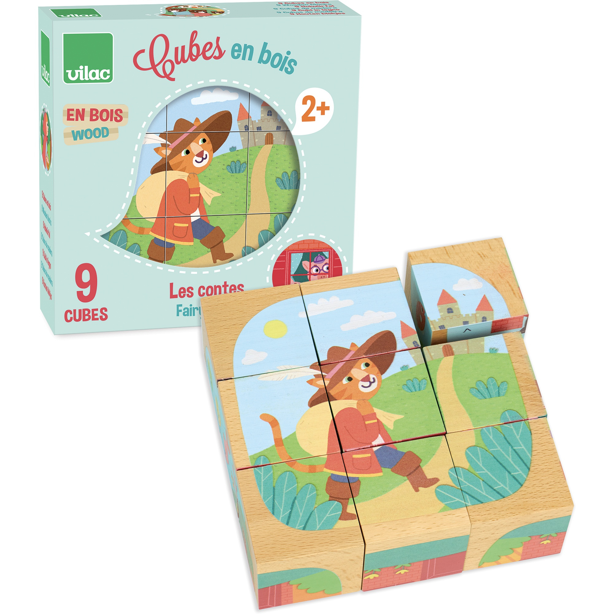 Vilac Holzwürfelspiel mit Puss in Boots Motiv und Schachtel.