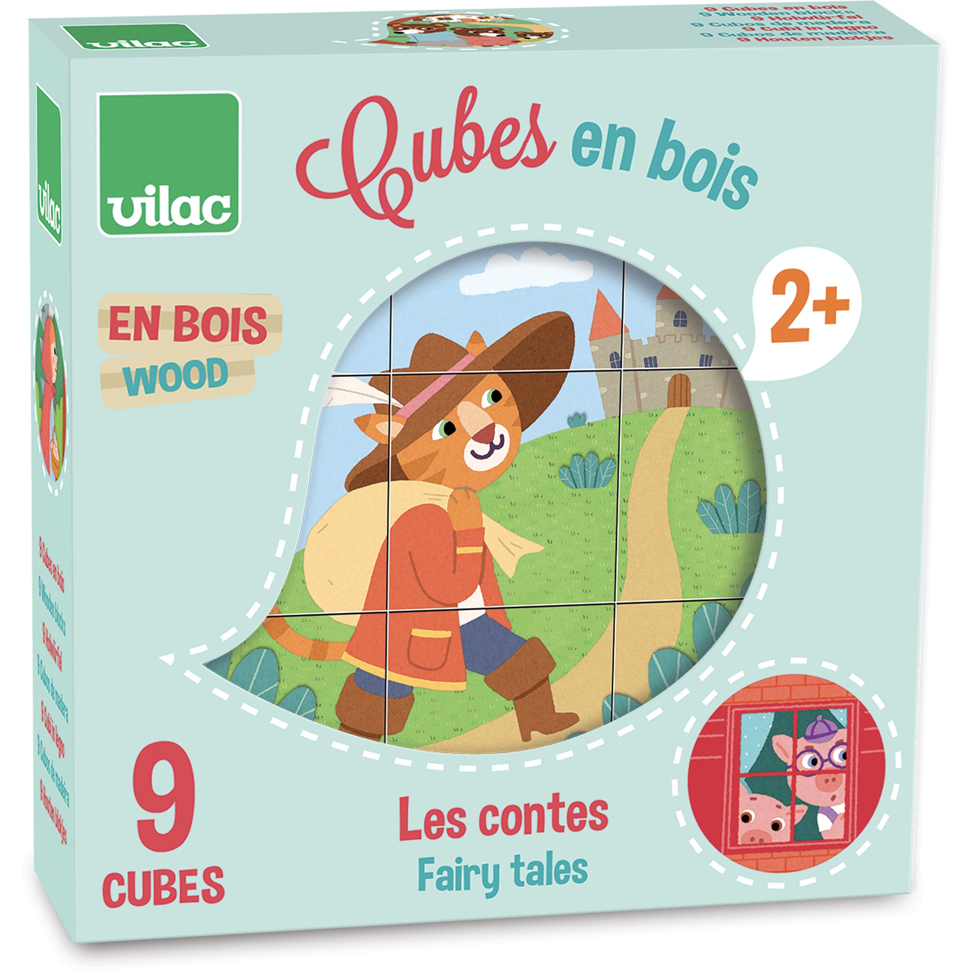 Vilac Holzklötzchen-Schachtel mit Puss in Boots Motiv und Aufschrift Les contes Fairy tales.