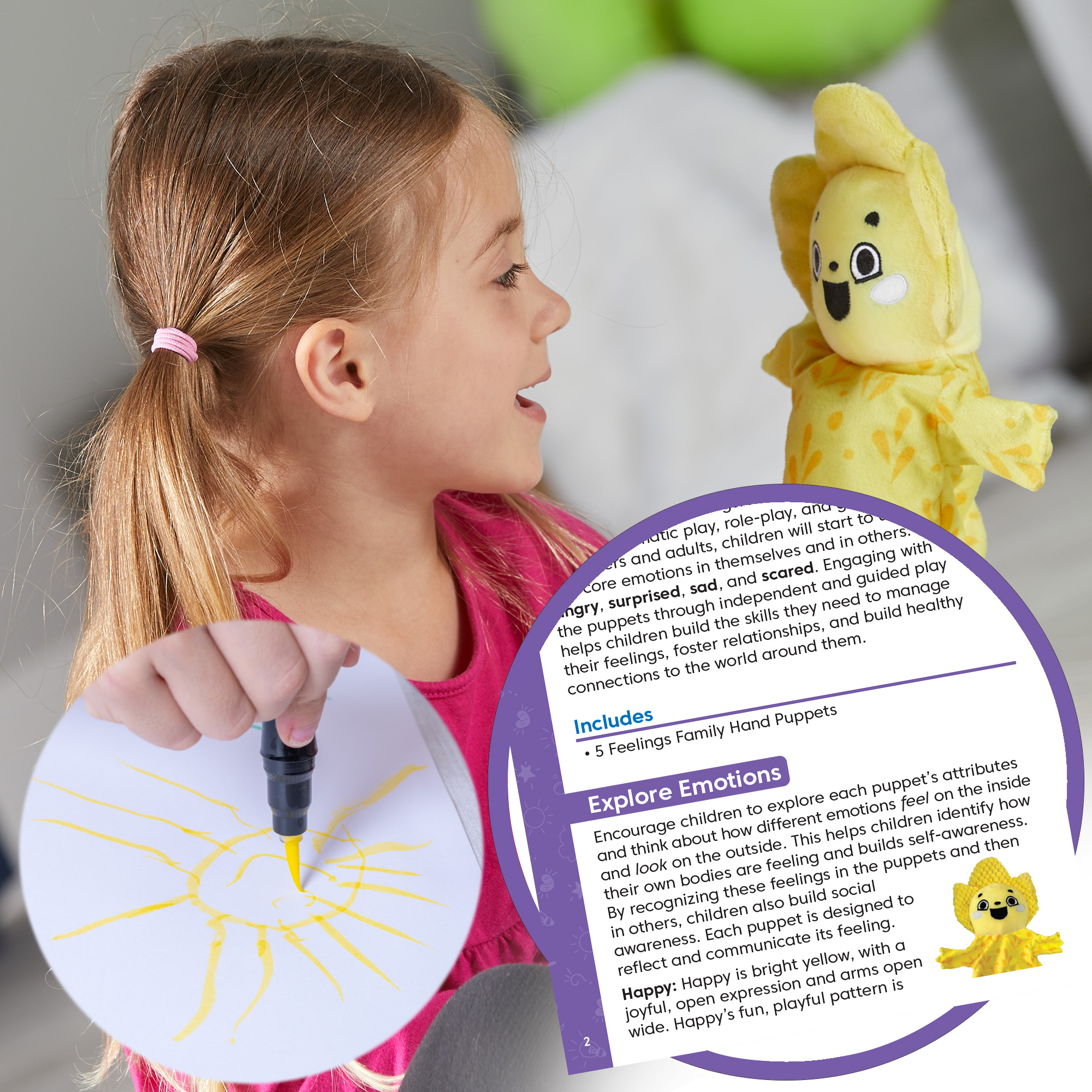 Ein blondes Mädchen in Rosa zeichnet eine gelbe Sonne; rechts ein gelbes Handpuppen-Gesicht und Text.