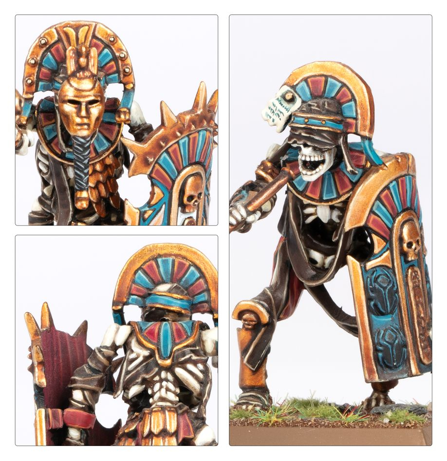 Bemalte Miniatur eines ägyptisch inspirierten Skelettkriegers mit Gold-, Blau- und Rüstung und verziertem Schild.