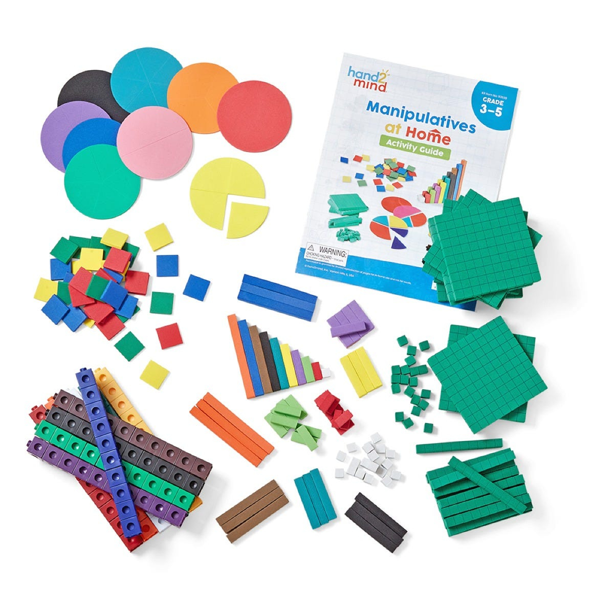 Mathe-Lernmaterialkit mit bunten Bruchteilen, Zehnerblöcken, Stäben und Aktivitätsleitfaden.