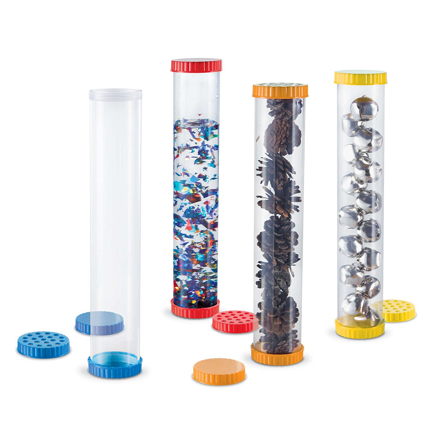 Vier transparente PlastikröHren mit unterschiedlich farbigen Deckeln und Füllungen auf weißem Hintergrund.