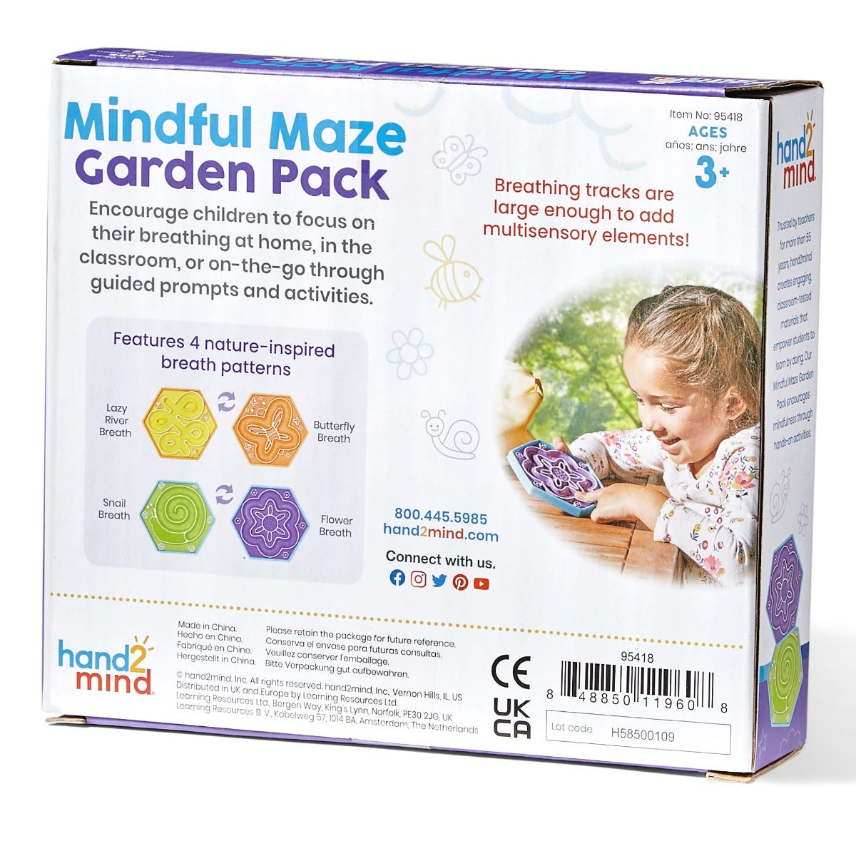 Rückseite einer Mindful Maze Garden Pack-Spielverpackung mit Produktinformationen und einem spielenden Kind.