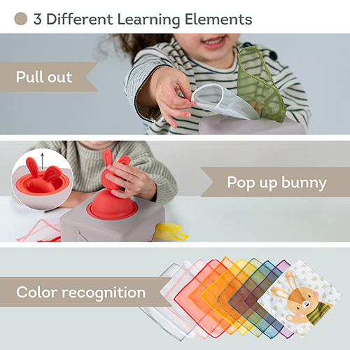 Drei Bilder zeigen Lernelemente: ein Kind zieht Tücher heraus, bedient einen Pop-up-Hasen und lernt Farben mit Tüchern.