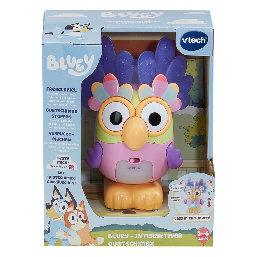VTech Bluey interaktives Spielzeug in bunter Verpackung mit Eulenfigur.