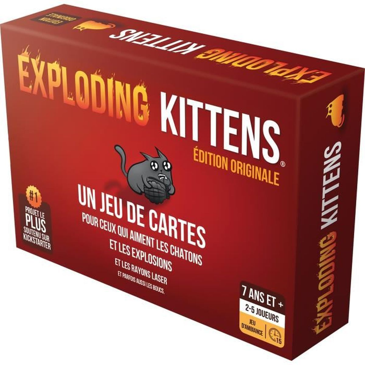 Rote Exploding Kittens-Spielschachtel mit französischem Text und einer cartoonartigen Katze mit Bombe.