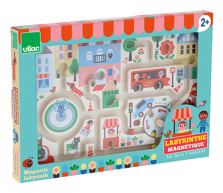 Eine bunte Vilac Holz-Magnetlabyrinth-Spielzeugschachtel mit Straßendesign, Autos, Tieren und Wegen.