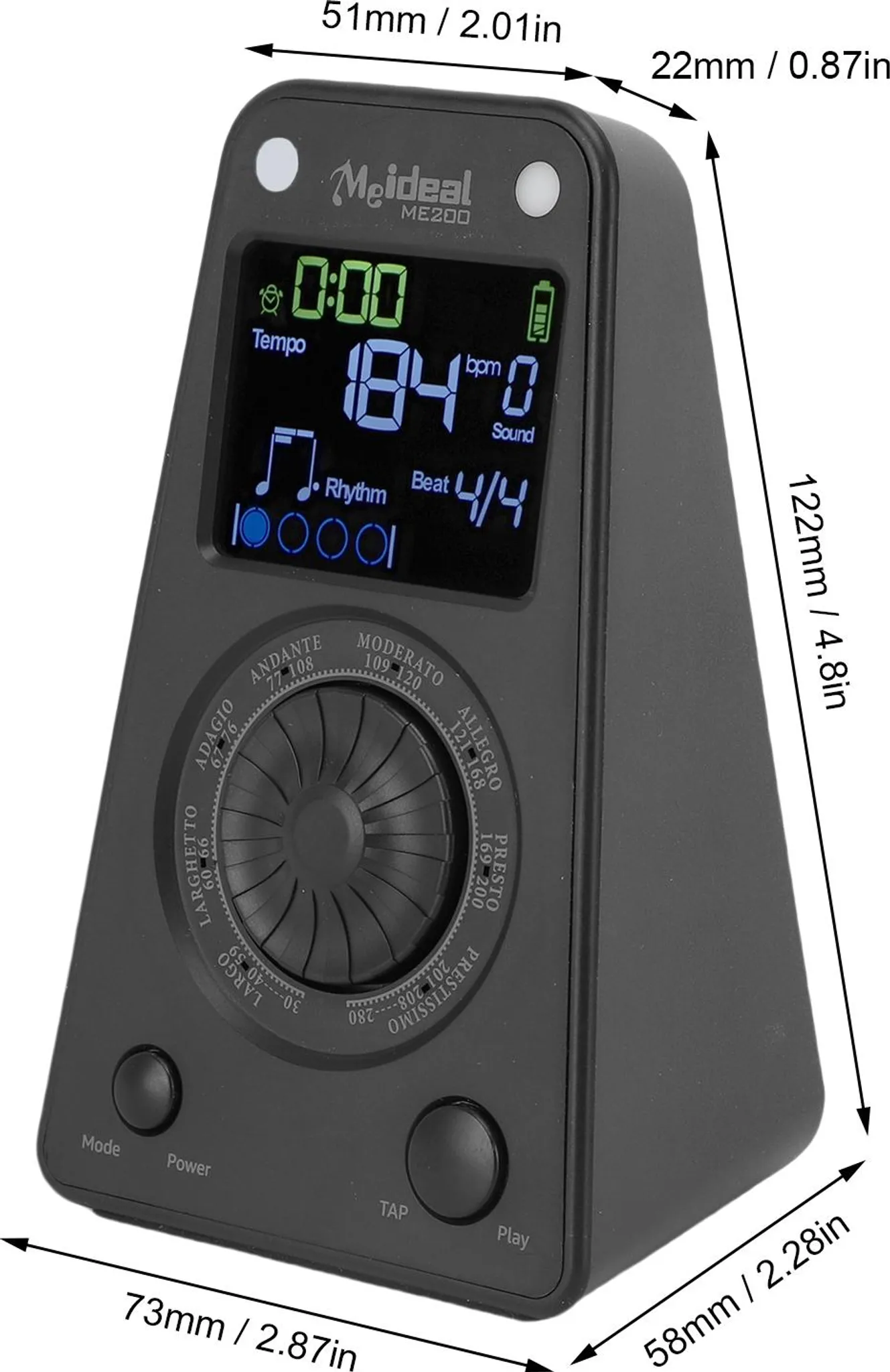 Ein schwarzes digitales Metronom mit Abmessungen, LCD-Bildschirm, zentralem Rad und Tasten vor weißem Hintergrund.