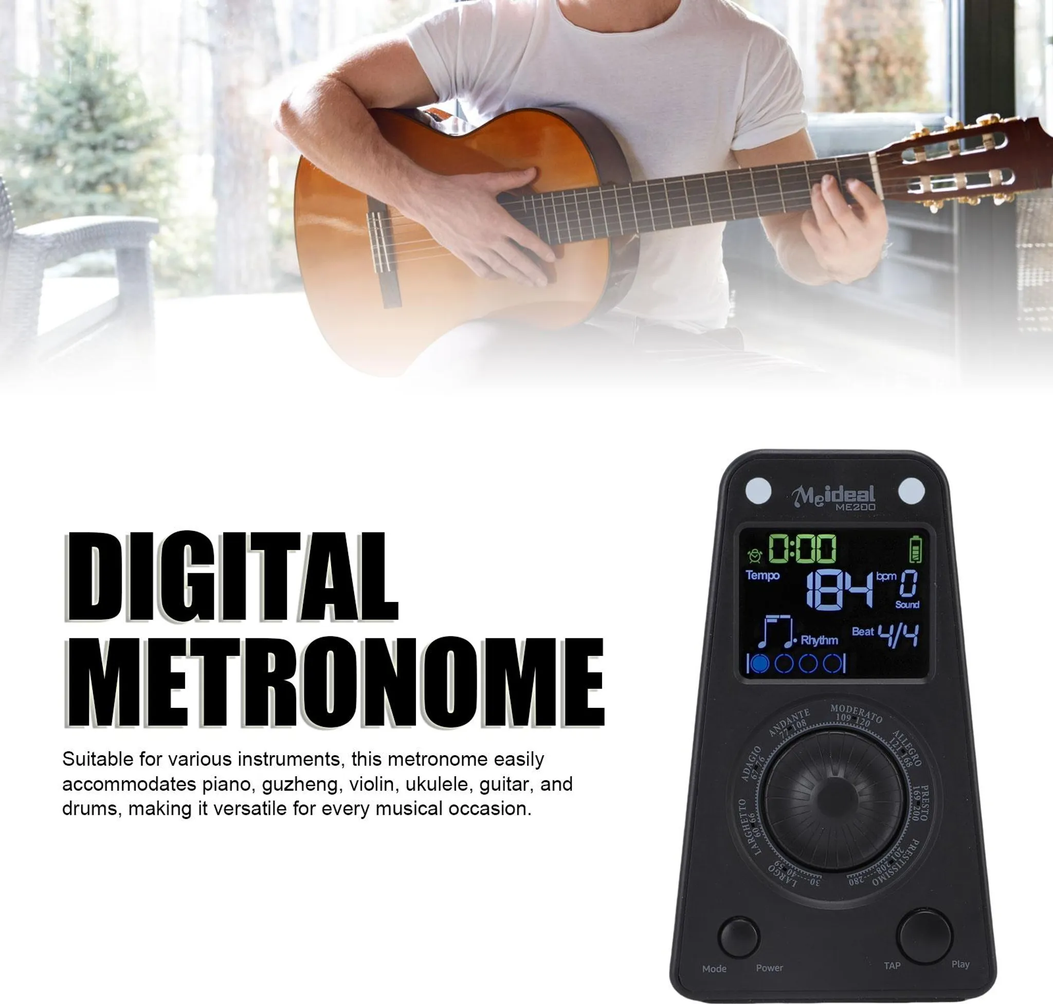 Ein Digitalmetronom mit Display und Drehrad neben Text und einem Gitarre spielenden Musiker.