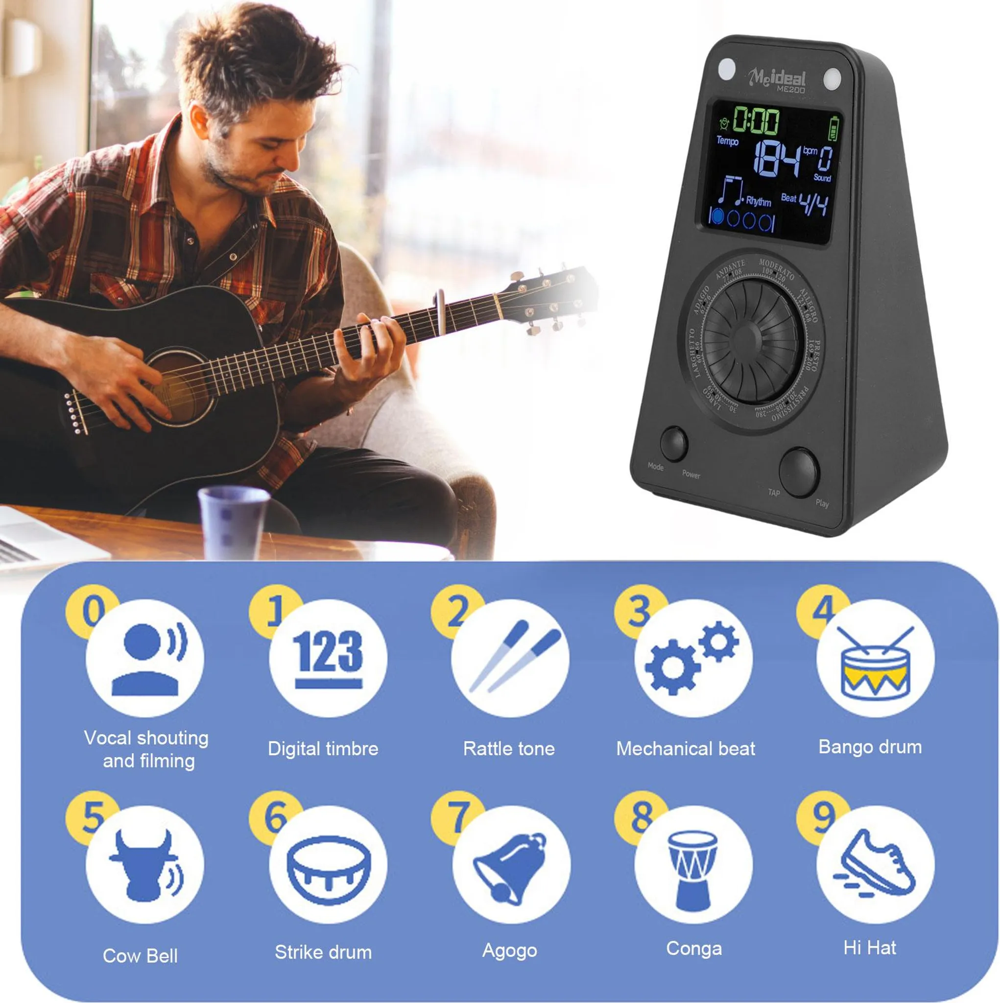 Ein Gitarrenspieler, ein schwarzes Metronom und eine blaue Tafel mit Symbolen für verschiedene Klänge und Rhythmen.
