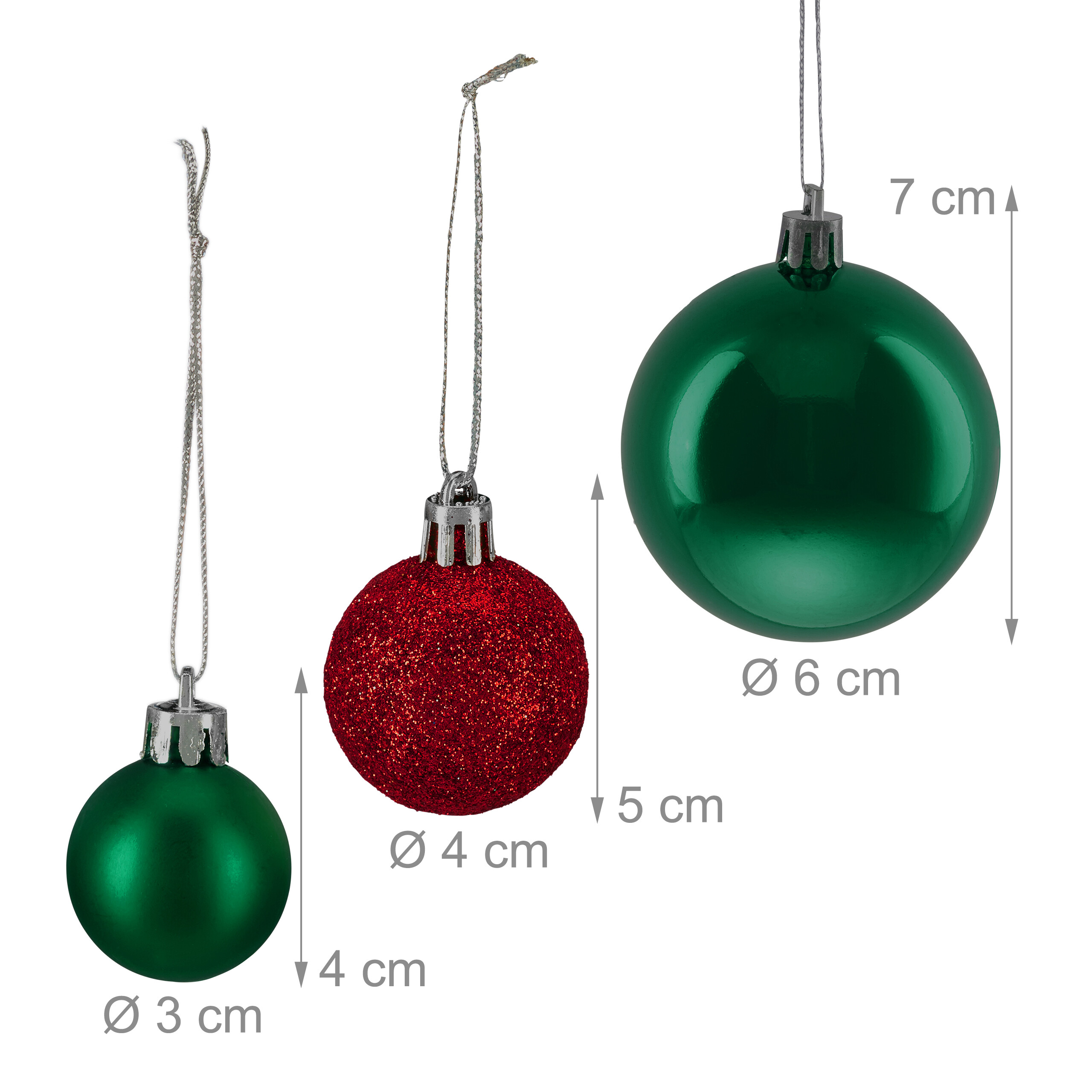 Drei Weihnachtskugeln in verschiedenen Größen und Farben mit Maßangaben.