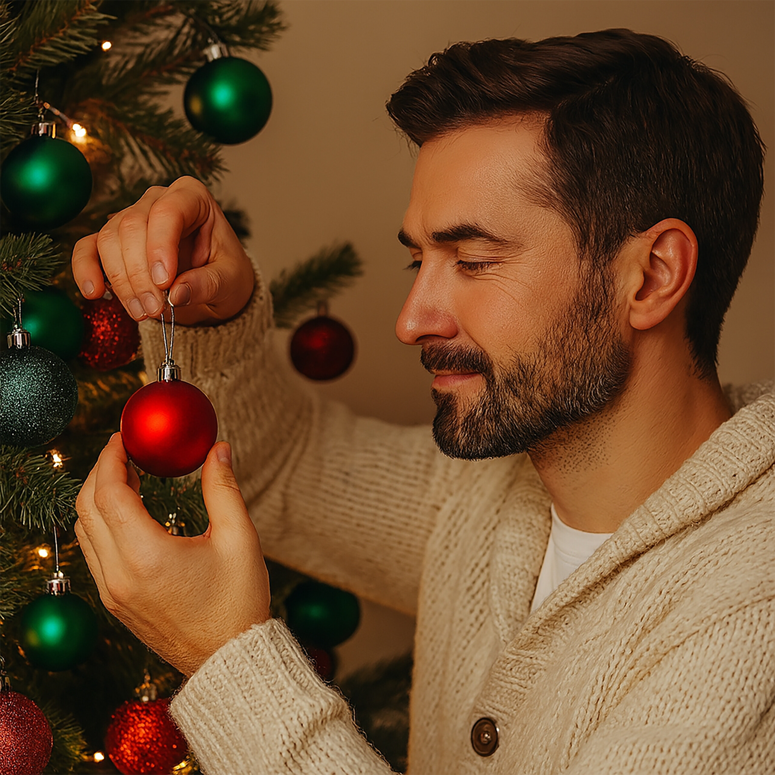 Ein Mann mit Bart hängt eine rote Weihnachtskugel an einen geschmückten Weihnachtsbaum.