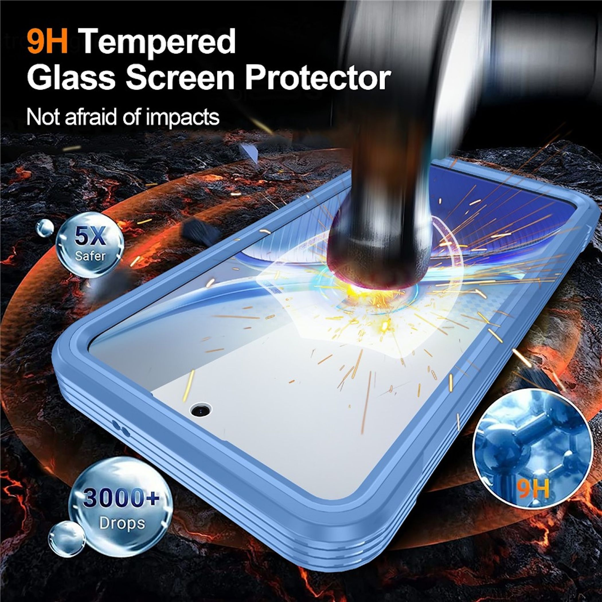 Ein Hammer schlaegt auf einen blauen Smartphone-Bildschirmschutz, waehrend Funken spruehen.