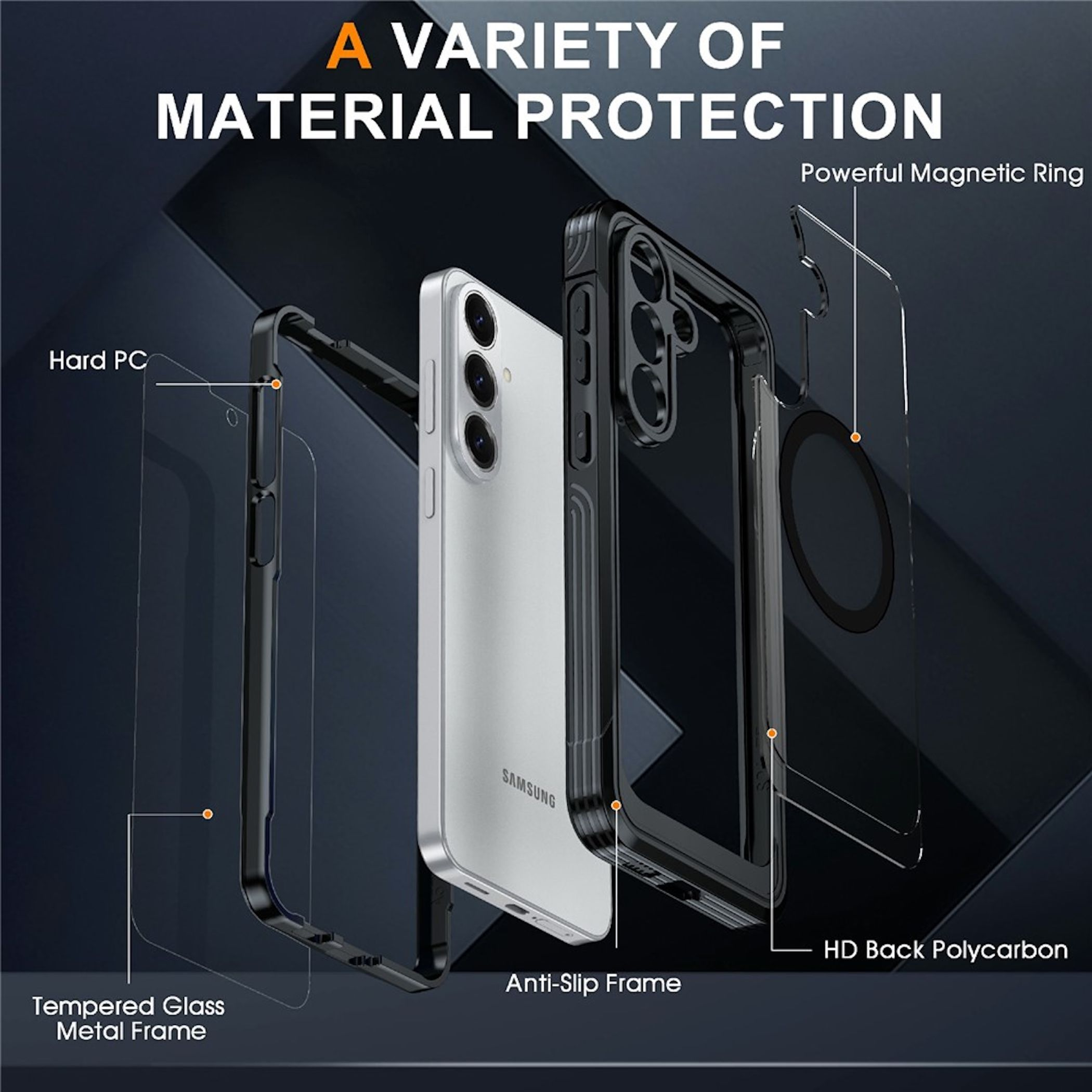 Explosionsansicht einer Smartphone-Hülle mit Schutzschichten, magnetischem Ring und Metallrahmen.