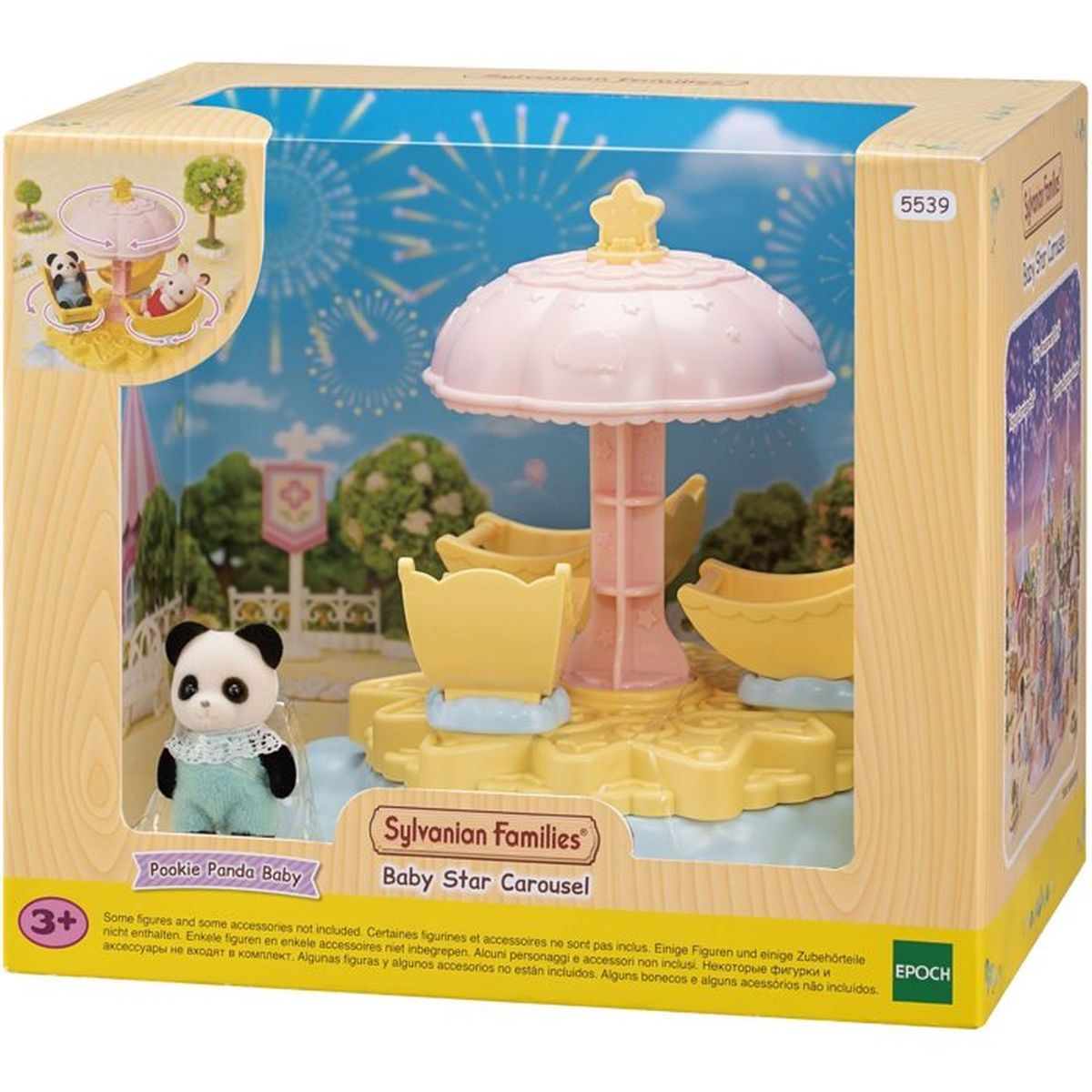 Sylvanian Families Baby Star Karussell Box mit rosa-gelbem Karussell und einer kleinen Panda-Figur davor.