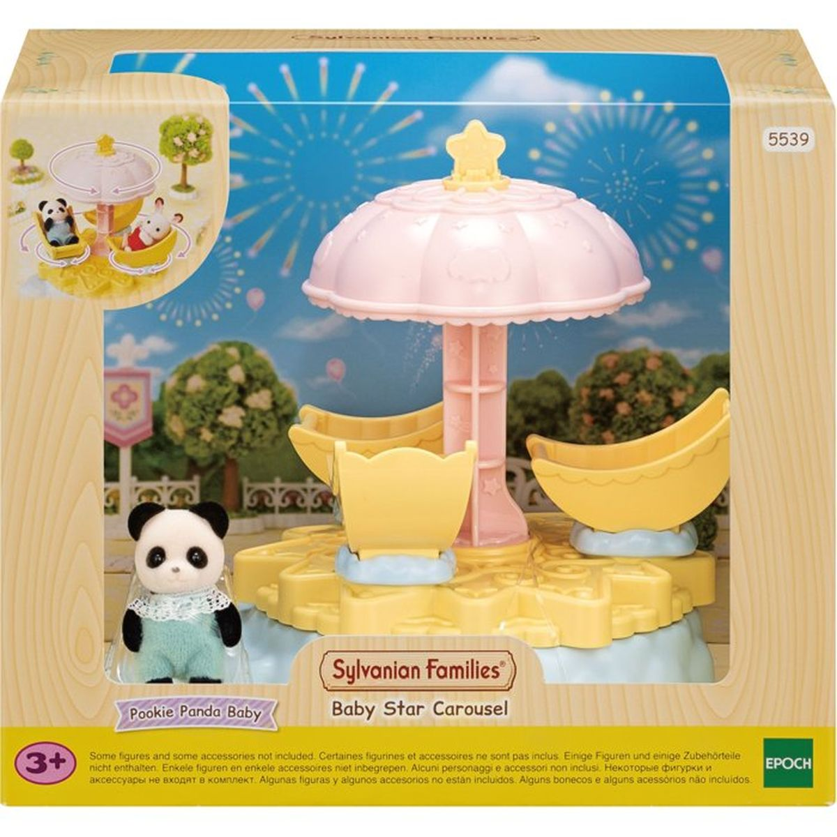 Sylvanian Families Baby Star Karussell im Karton mit kleiner Panda-Figur.