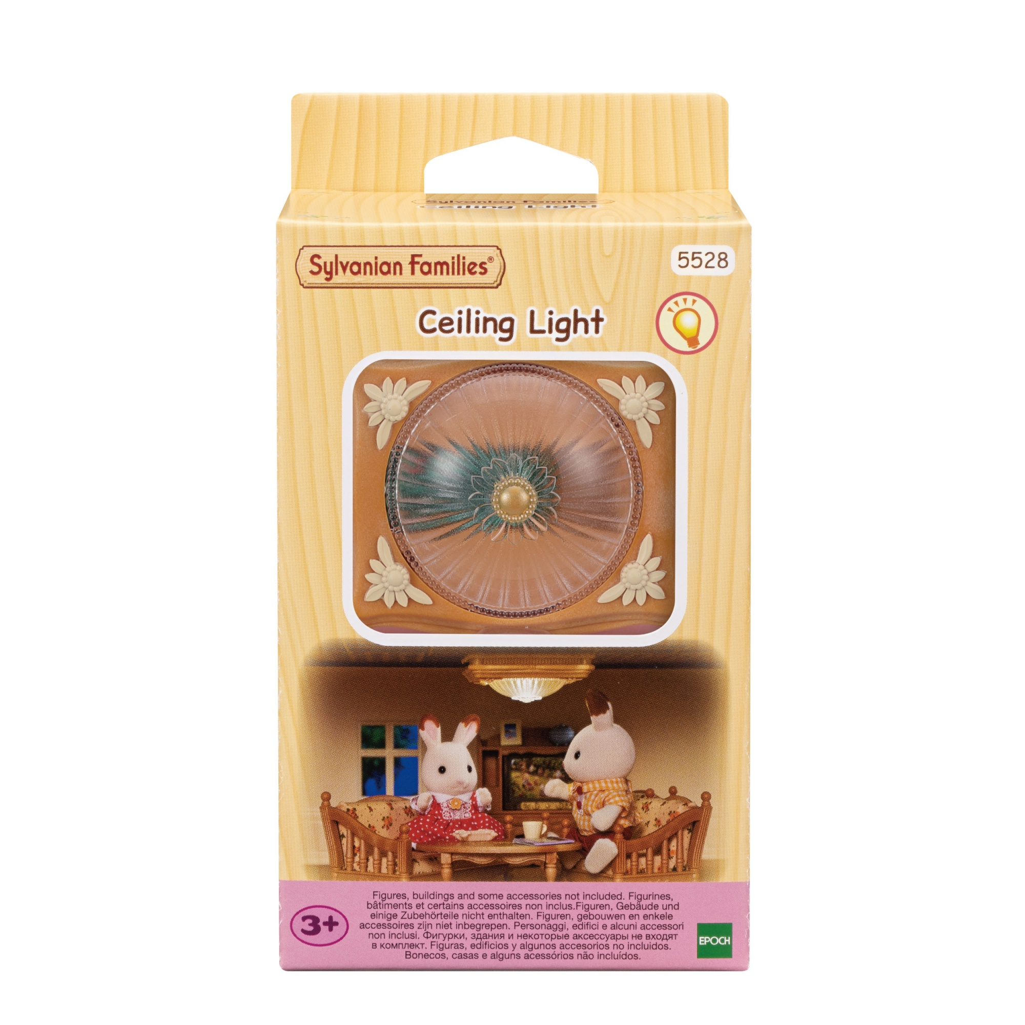 Sylvanian Families Deckenleuchte Produktverpackung mit dem Spielzeuglicht und einer Wohnzimmerszene mit Hasen.