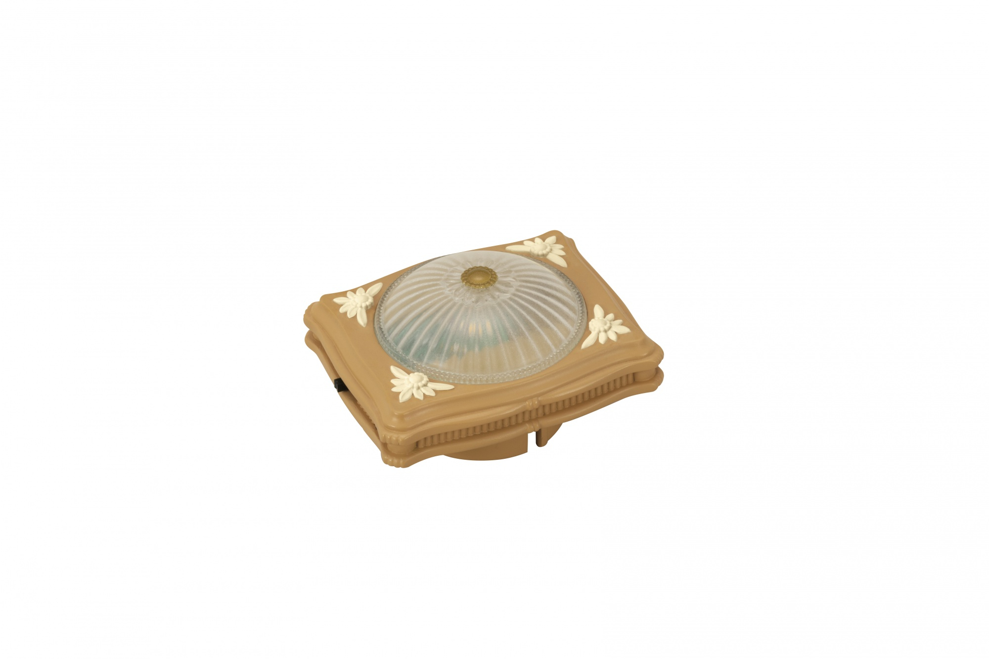 Eine quadratische, beige Puppenhauslampe mit weißem Blumendekor und runder Glasabdeckung auf weißem Grund.