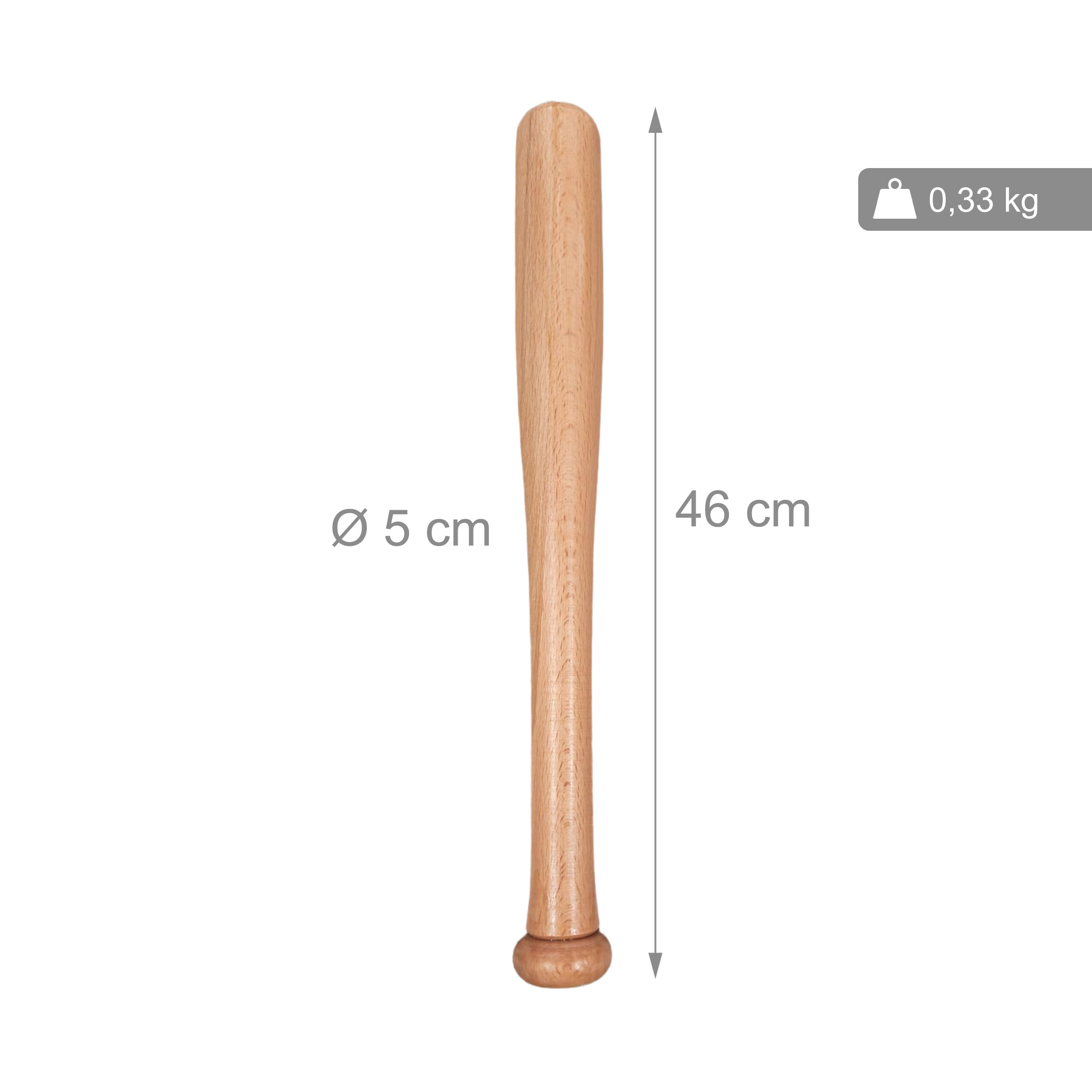Ein hölzerner Schlagstock mit Maßen von 46 cm Länge, 5 cm Durchmesser und einem Gewicht von 0,33 kg.