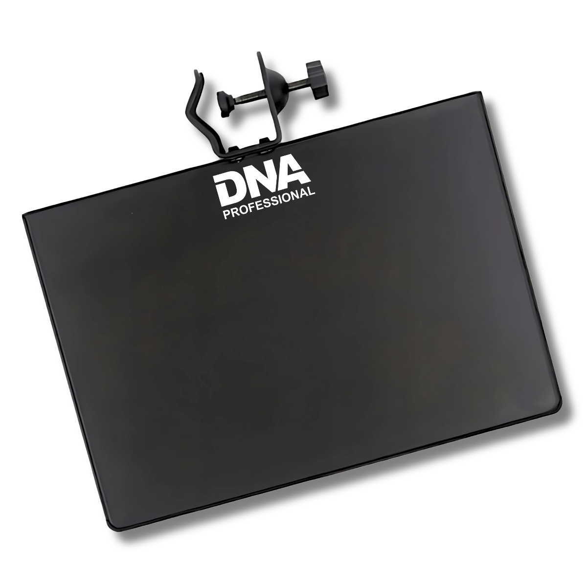 Eine schwarze DNA Professional Metallablage mit Befestigungsklammer auf weißem Hintergrund.