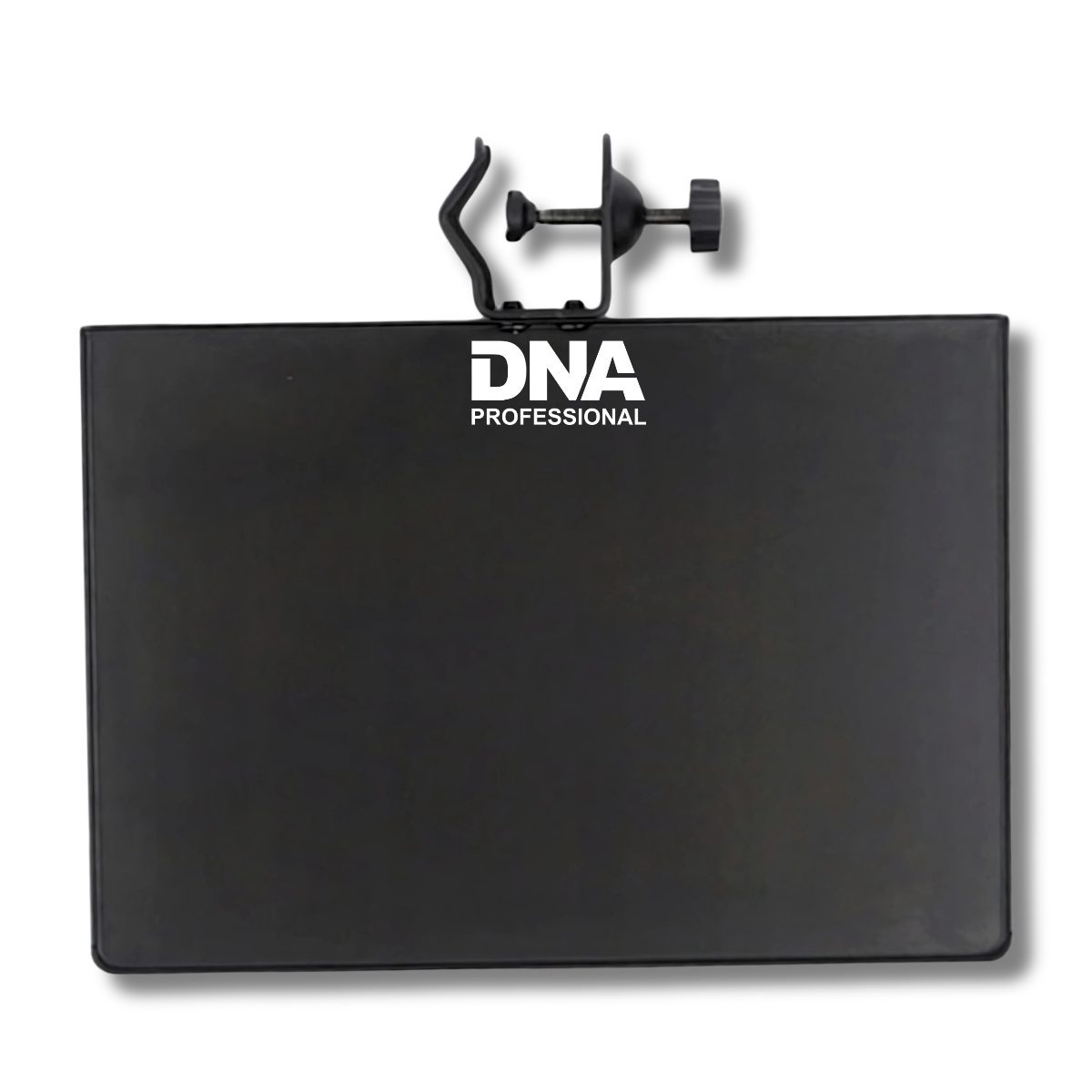 Schwarzes Metalltray mit DNA Professional Logo und Klemme oben auf weißem Hintergrund.