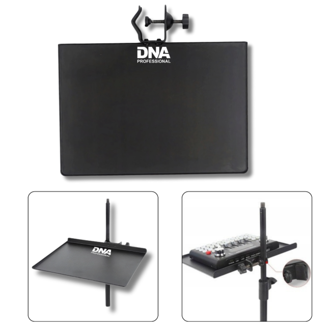 Schwarze DNA Professional Ablagefläche mit Klemme und Ständeroptionen.