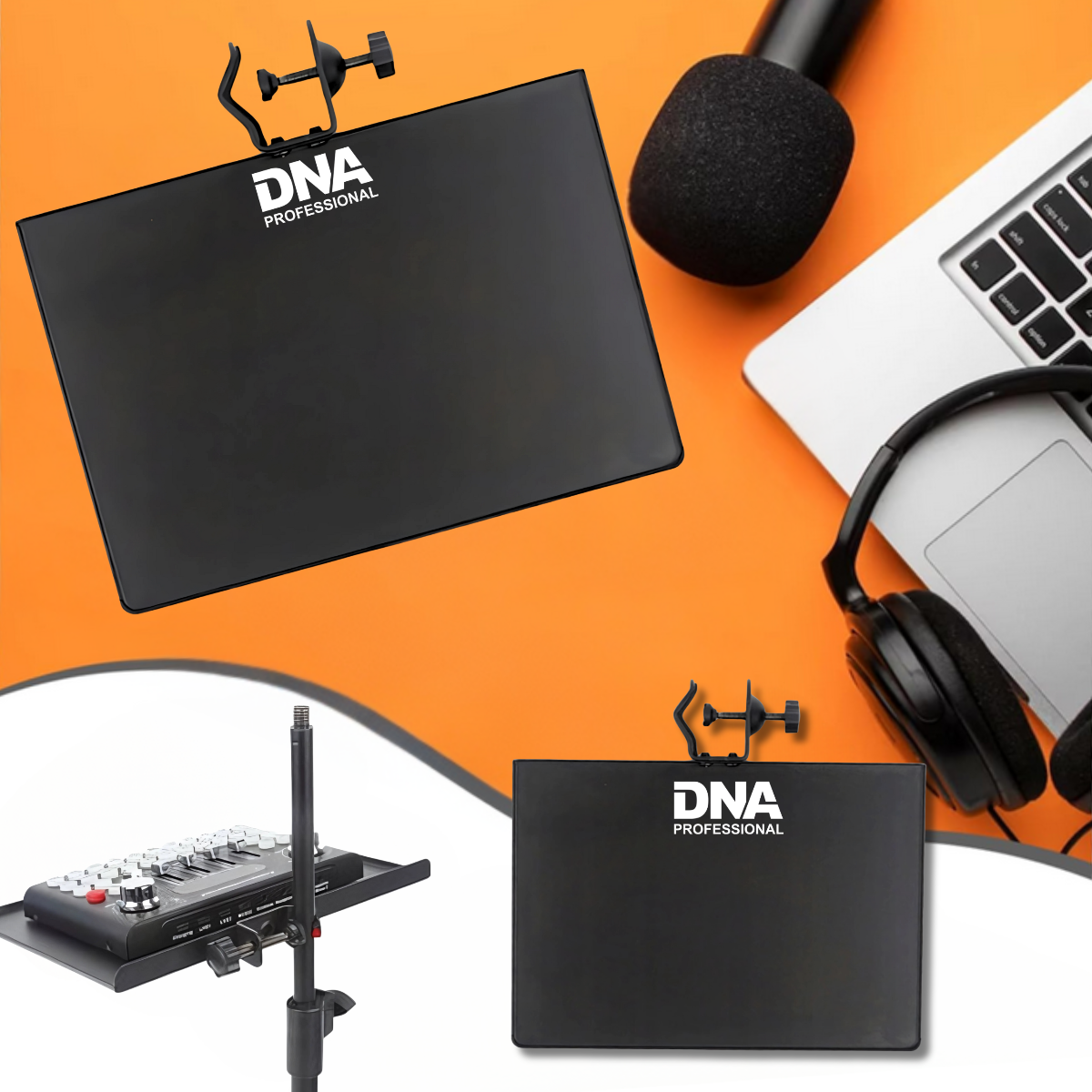 Schwarzes DNA Professional Tablett auf orangefarbenem Hintergrund mit Laptop, Mikrofon und Kopfhörern.