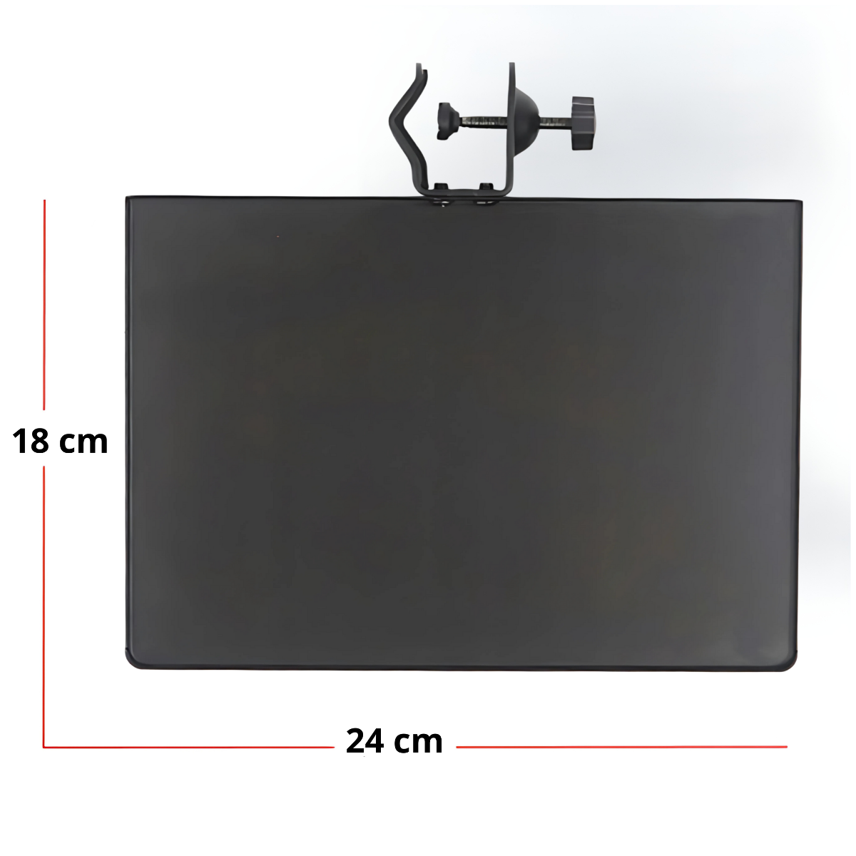 Schwarze Metallablage mit Klemmhalterung, Maße 18x24 cm, vor weißem Hintergrund.