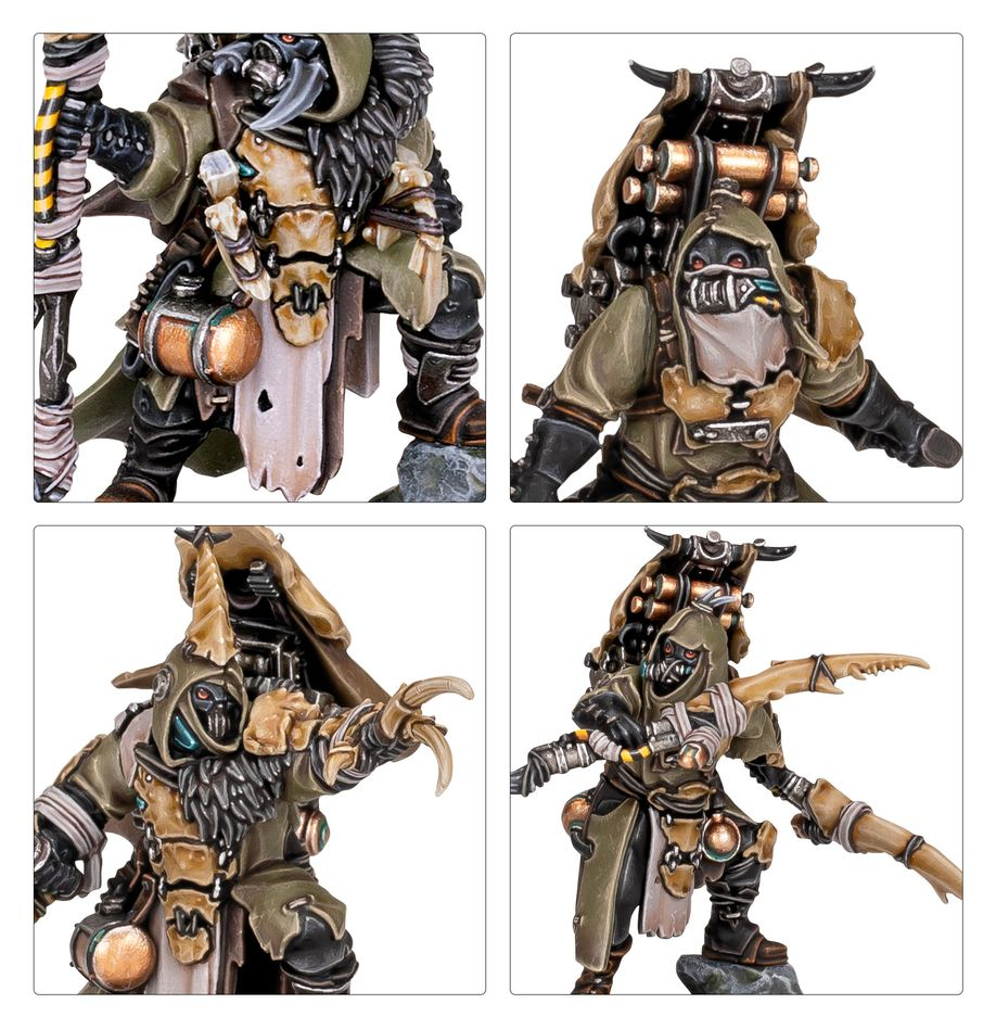 Vier detaillierte Nahaufnahmen einer skurrilen Warhammer Miniaturfigur mit Kapuze, Maske und kybernetischen Rüstungsteilen.