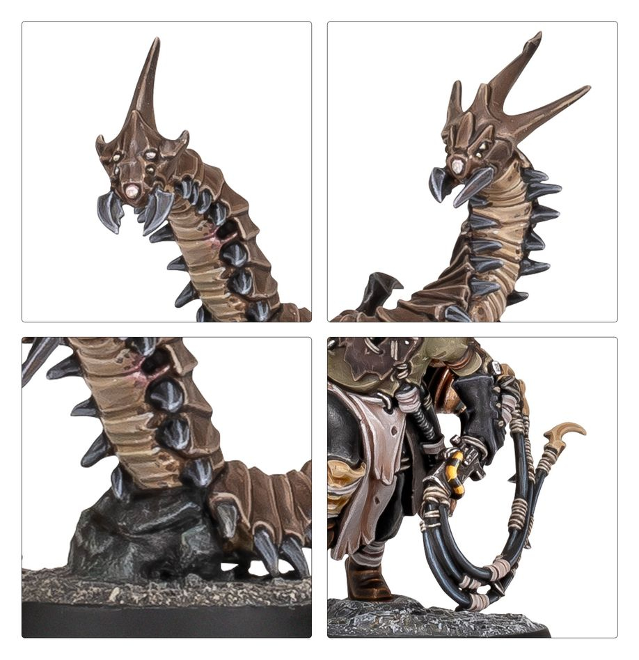 Vier Nahaufnahmen einer detaillierten Warhammer-Miniatur, die ein insektenartiges Wesen und eine Peitsche zeigen.