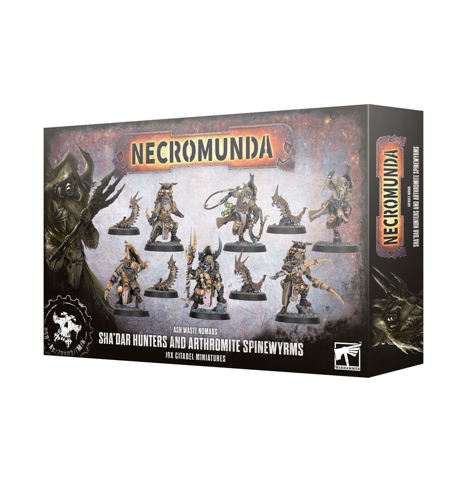 Necromunda Ash Waste Nomads Box mit zehn Miniaturen von Sha'dar Hunters und Arthromite Spinewyrms.