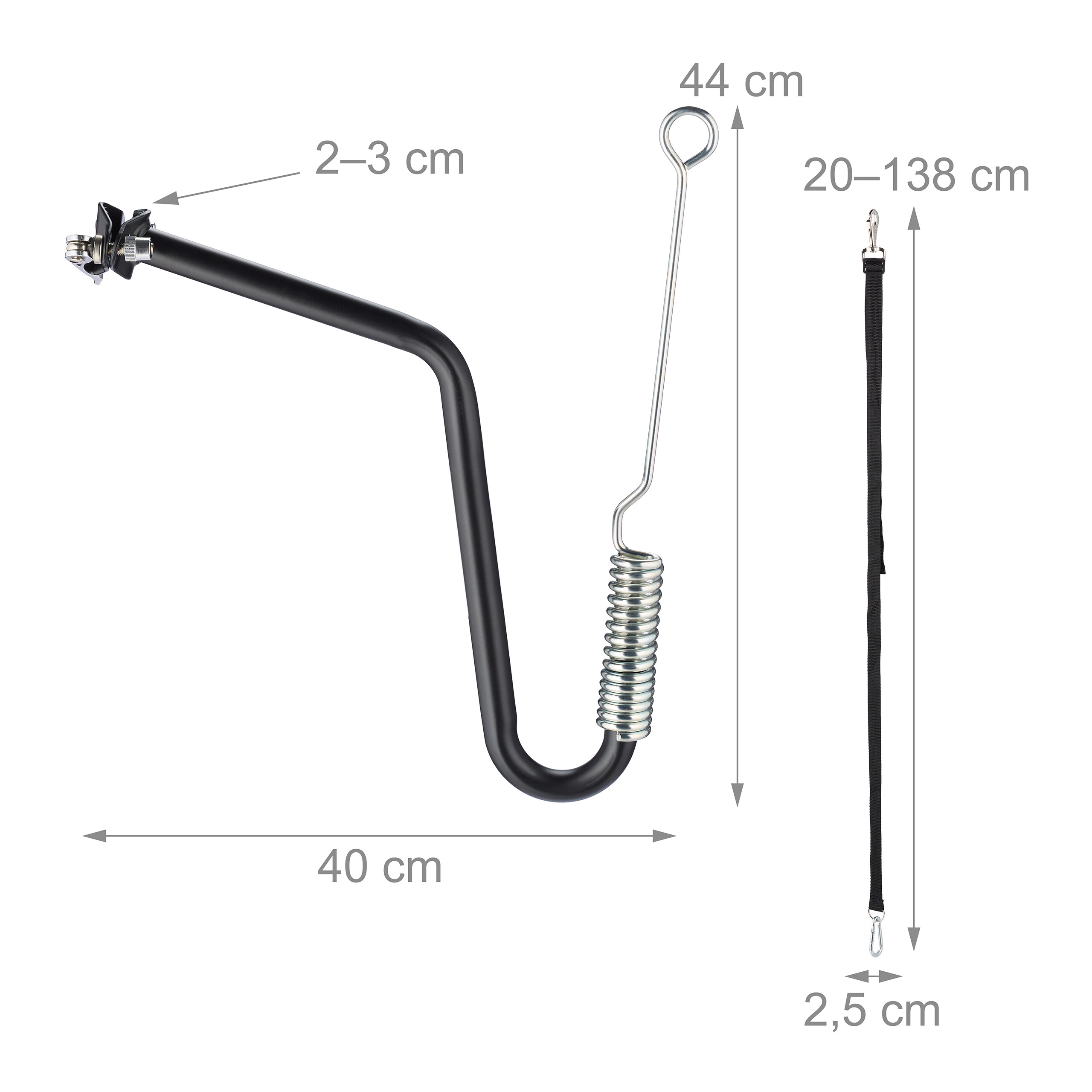 Schwarze Fahrradhalterung mit Stahlfeder und schwarzem Gurt, inklusive Bemaßungen auf weißem Hintergrund.