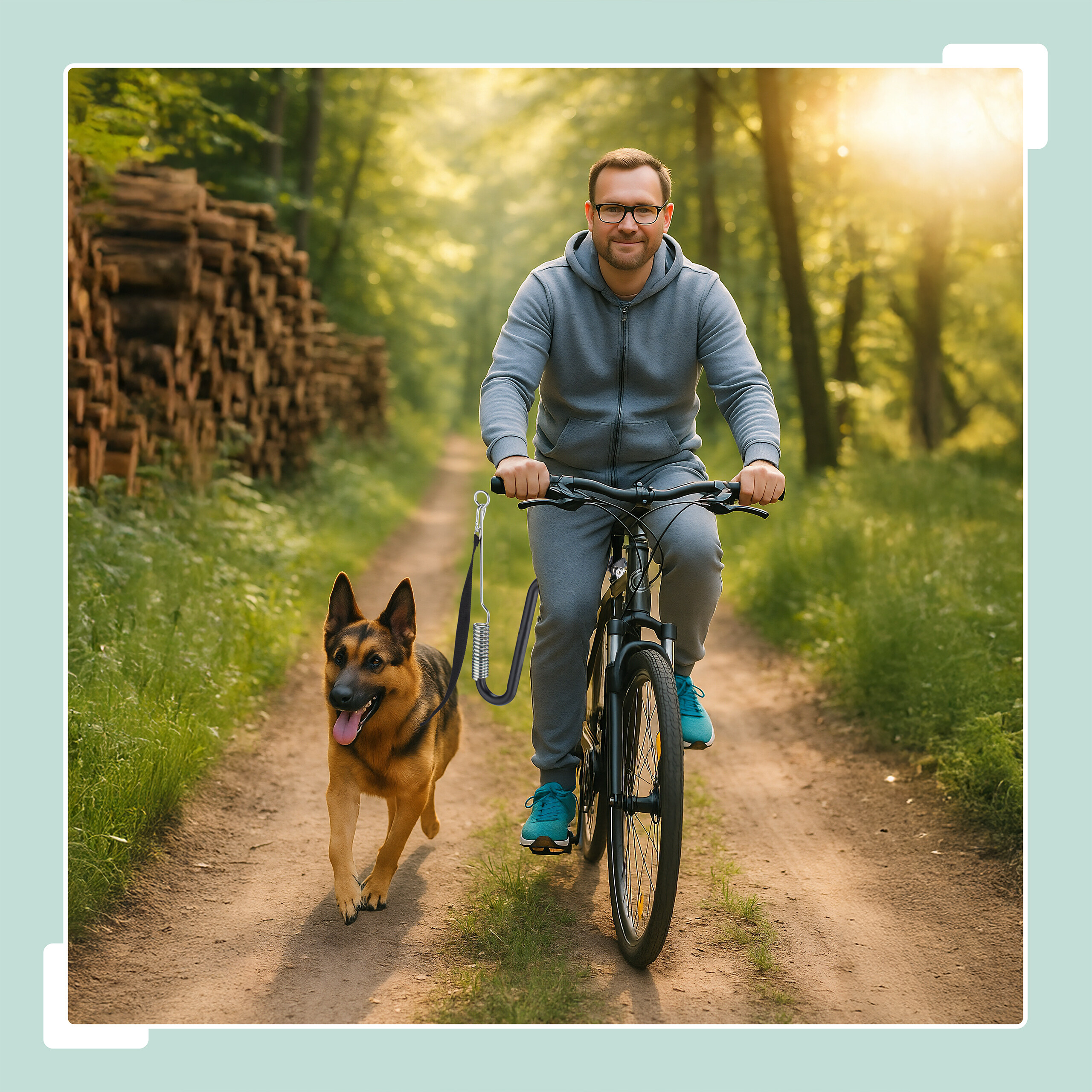 Ein Mann im grauen Trainingsanzug fährt Fahrrad auf einem Waldweg, während ein deutscher Schäferhund neben ihm läuft.