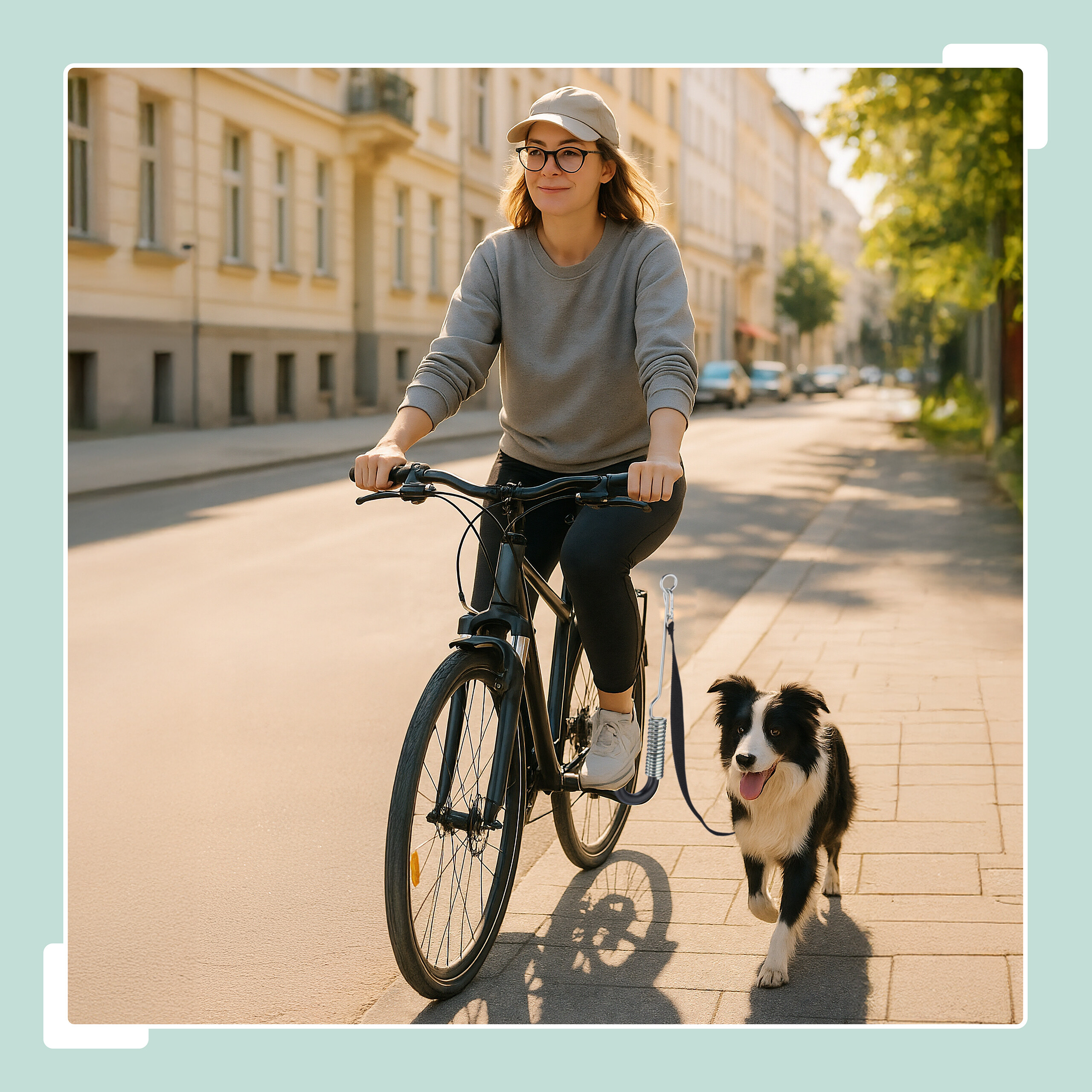 Eine Frau fährt auf einer Straße Fahrrad und führt dabei einen Border Collie an der Leine auf dem Gehweg.