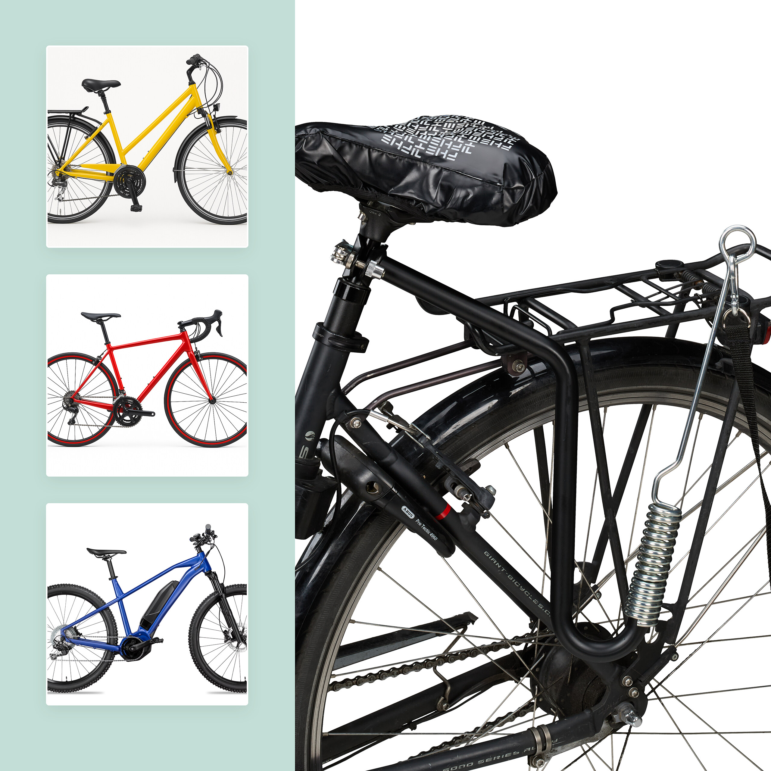 Ein schwarz gedeckter Fahrradsattel mit integriertem Gepäckträger auf dem Hinterrad.