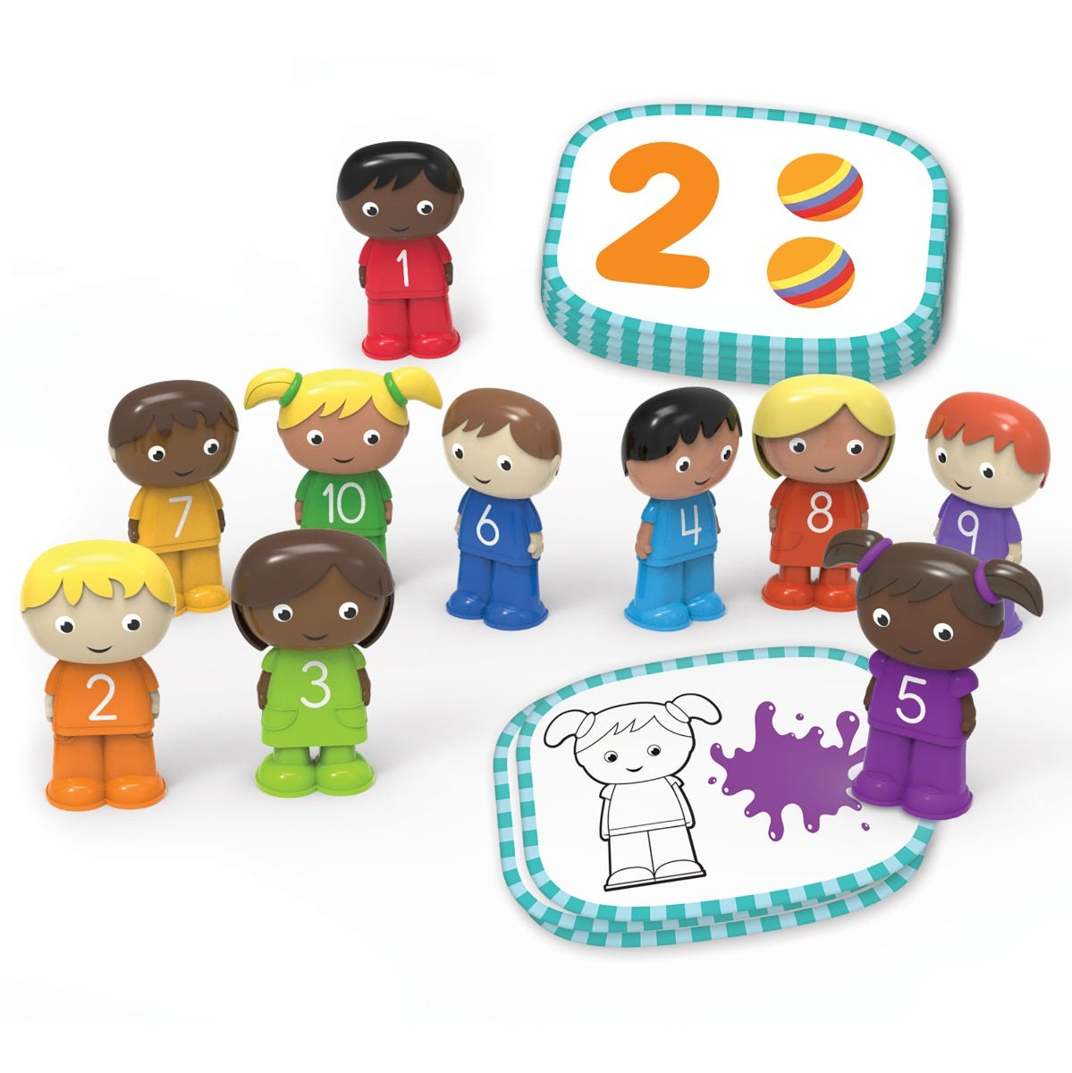 Zehn bunte Spielfiguren mit Zahlen und zwei Karten mit Illustrationen auf weißem Grund.