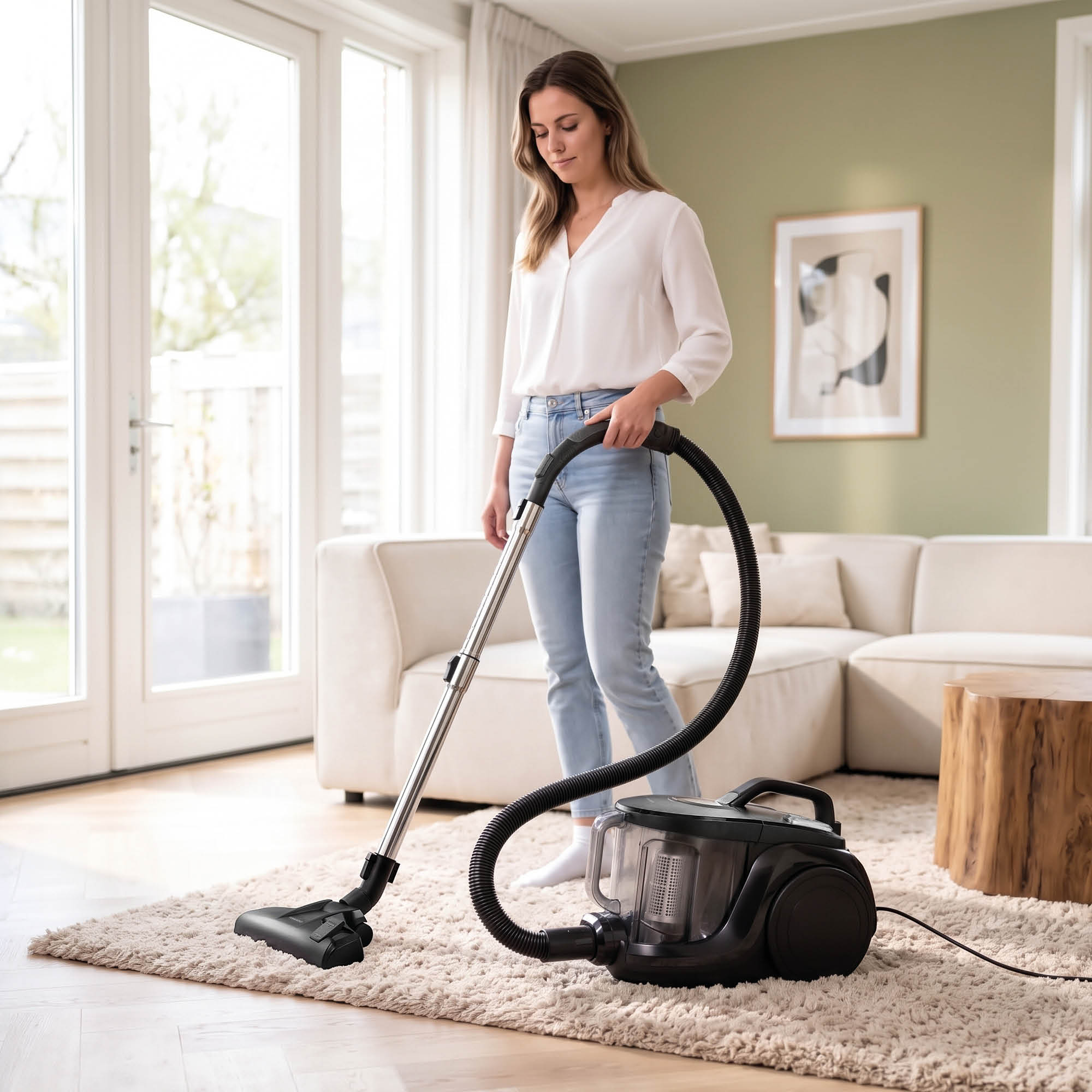A woman vacuums a beige living room rug with a black vacuum cleaner.