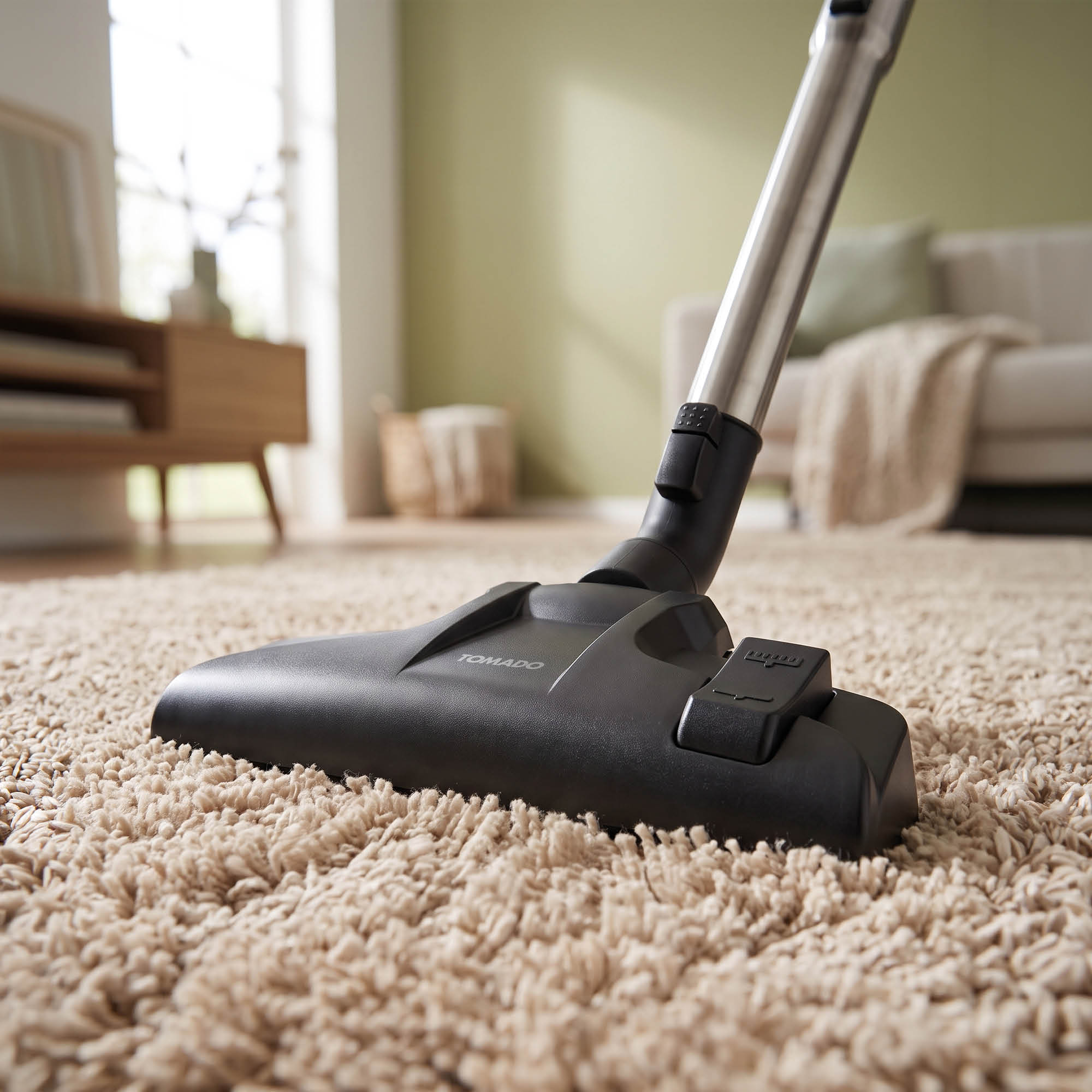 A black vacuum cleaner head on a fluffy beige carpet in a cozy living room.