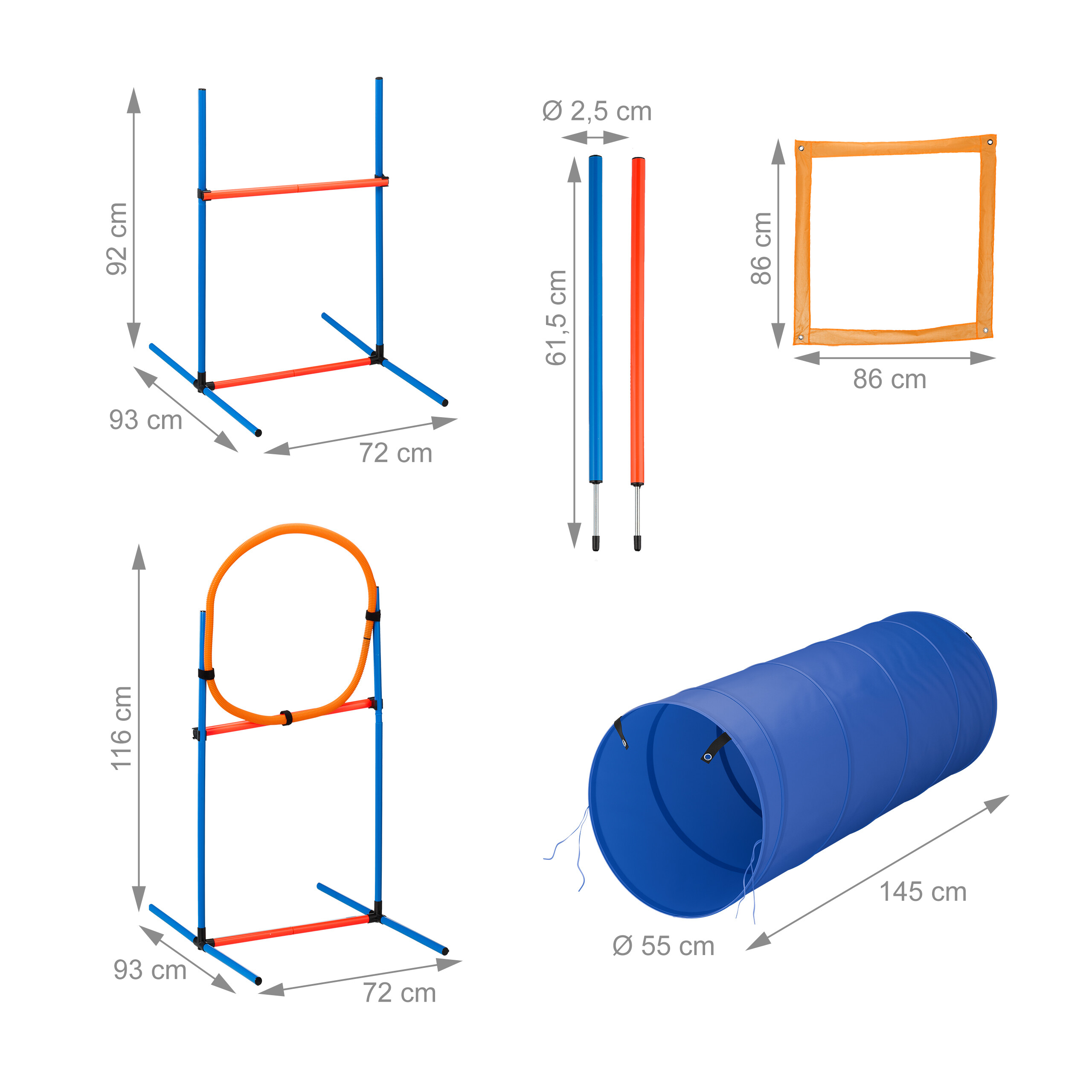 Diagramm mit den Maßen von blau-orangen Agility-Geräten wie Hürden, Stangen, Quadrat und Tunnel.